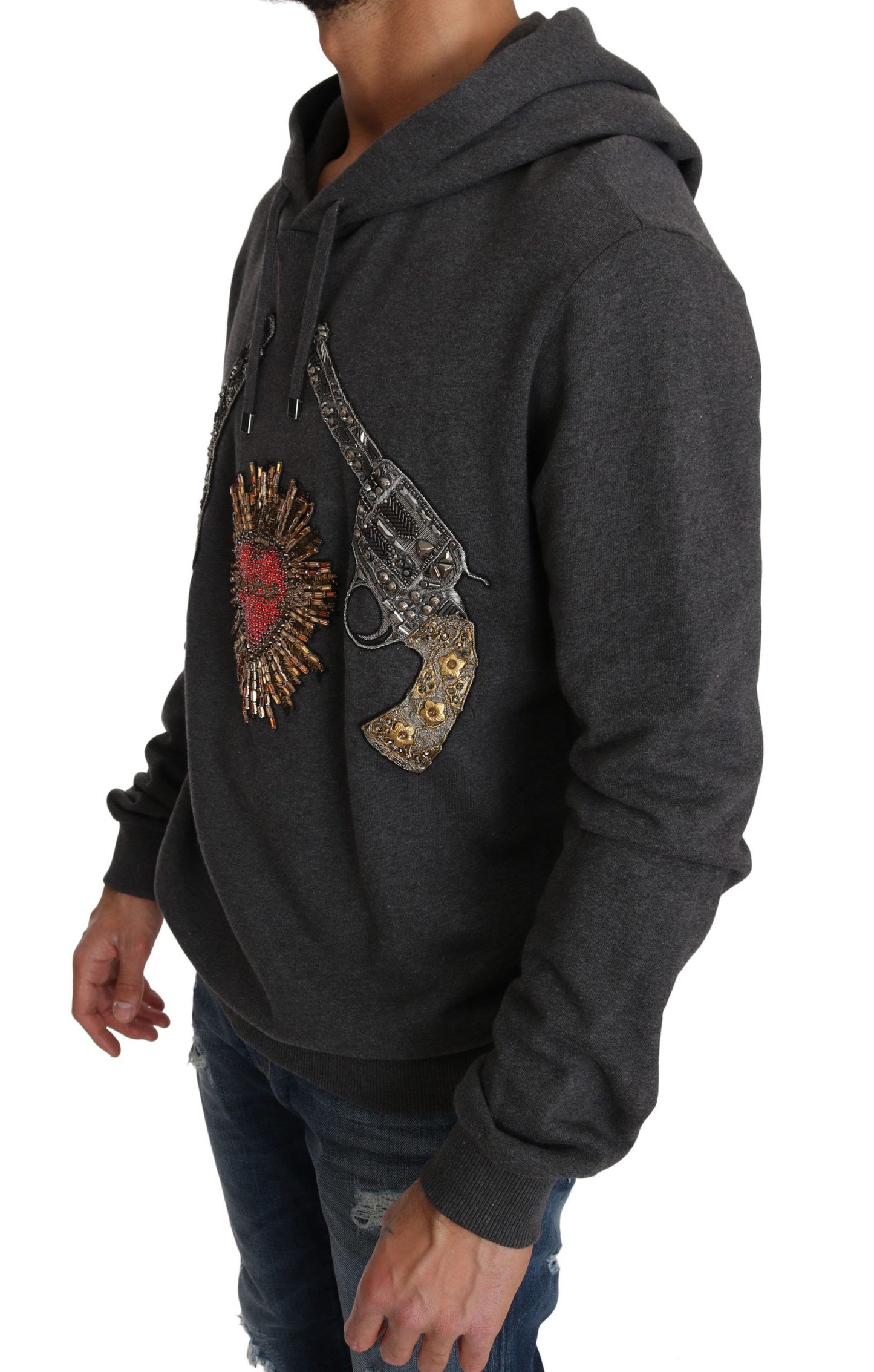 Grauer Pullover mit Kapuze und rotem Kristallherz Gun