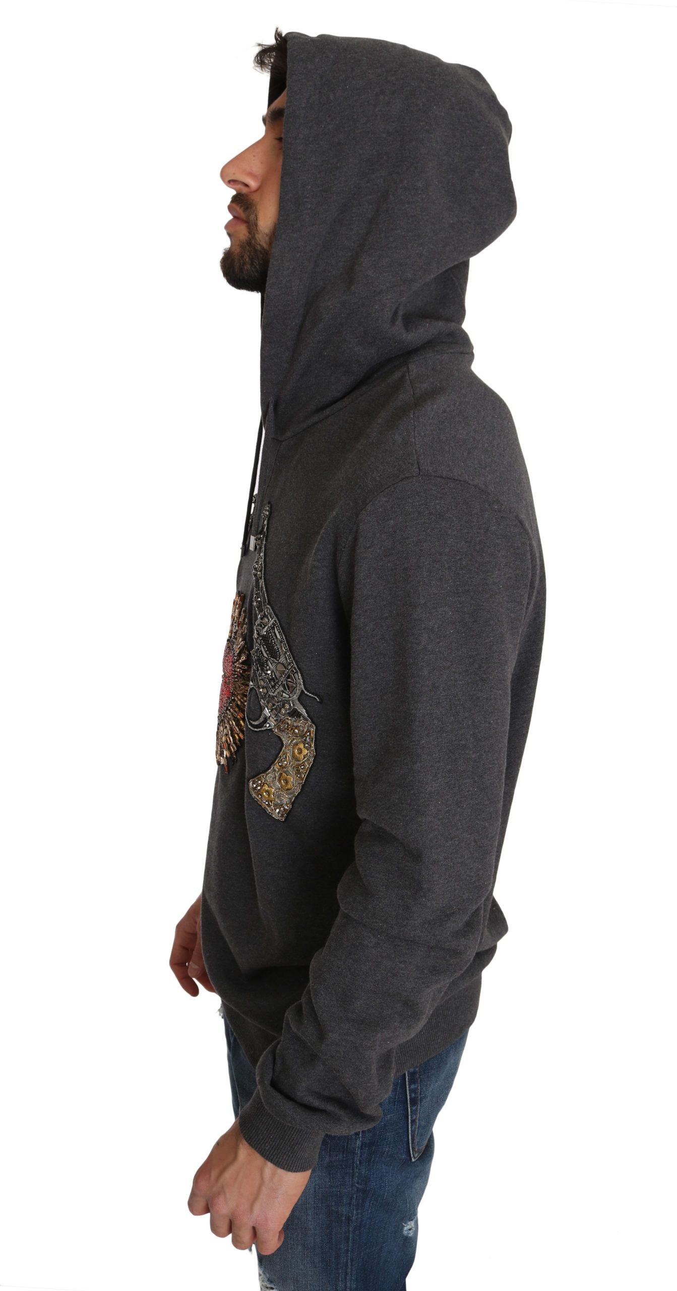 Grauer Pullover mit Kapuze und rotem Kristallherz Gun