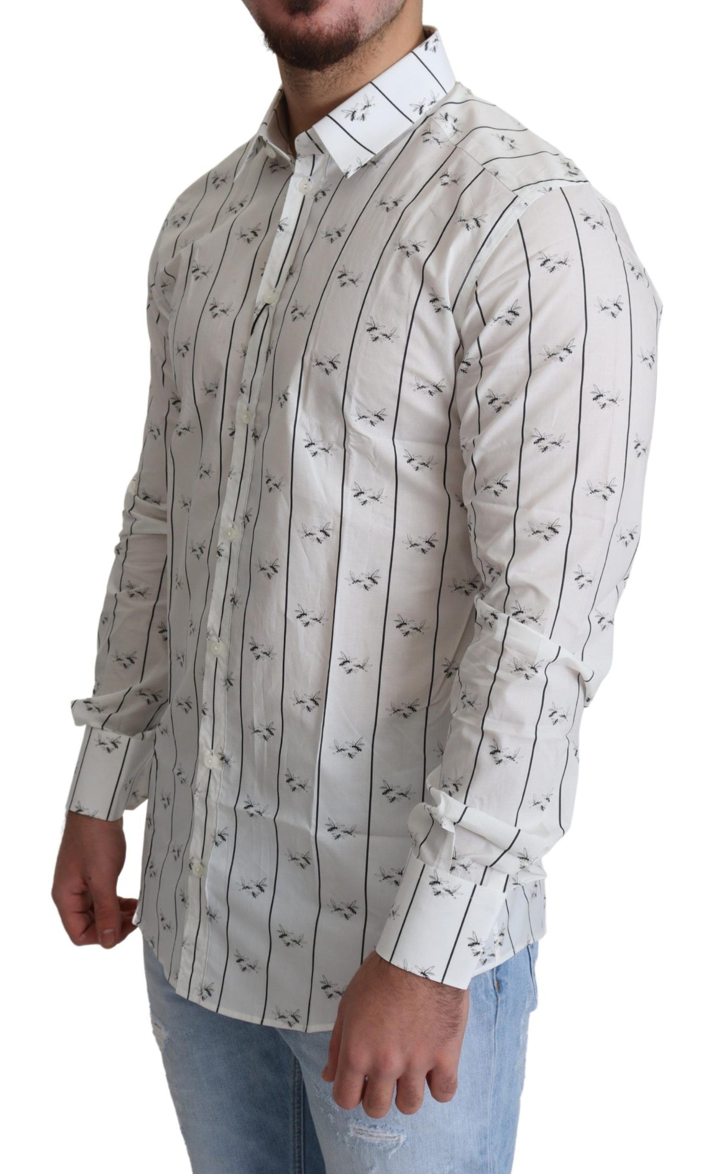 Weißes Button-Down-Hemd aus Baumwolle mit Bienenmuster