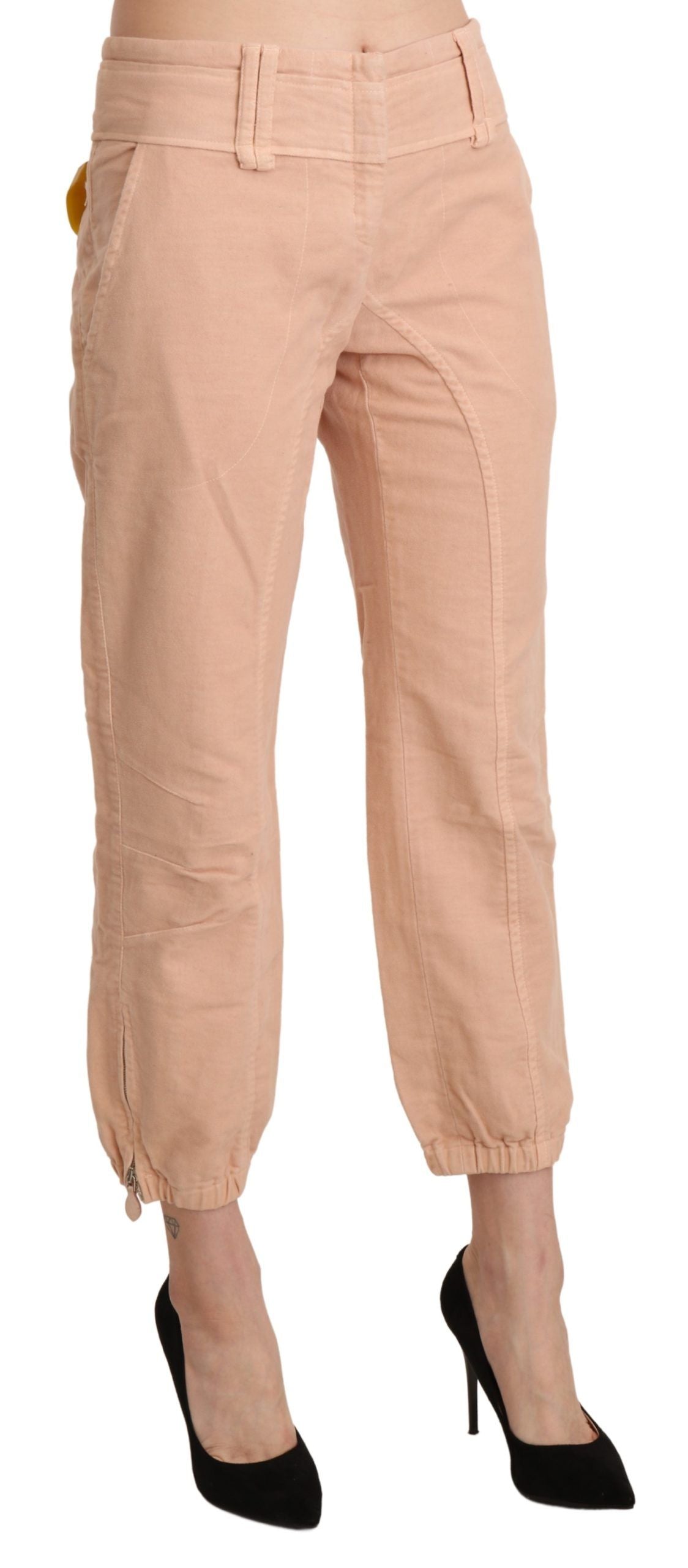 Beige Mid Waist Cropped Baumwoll-Hosenhose