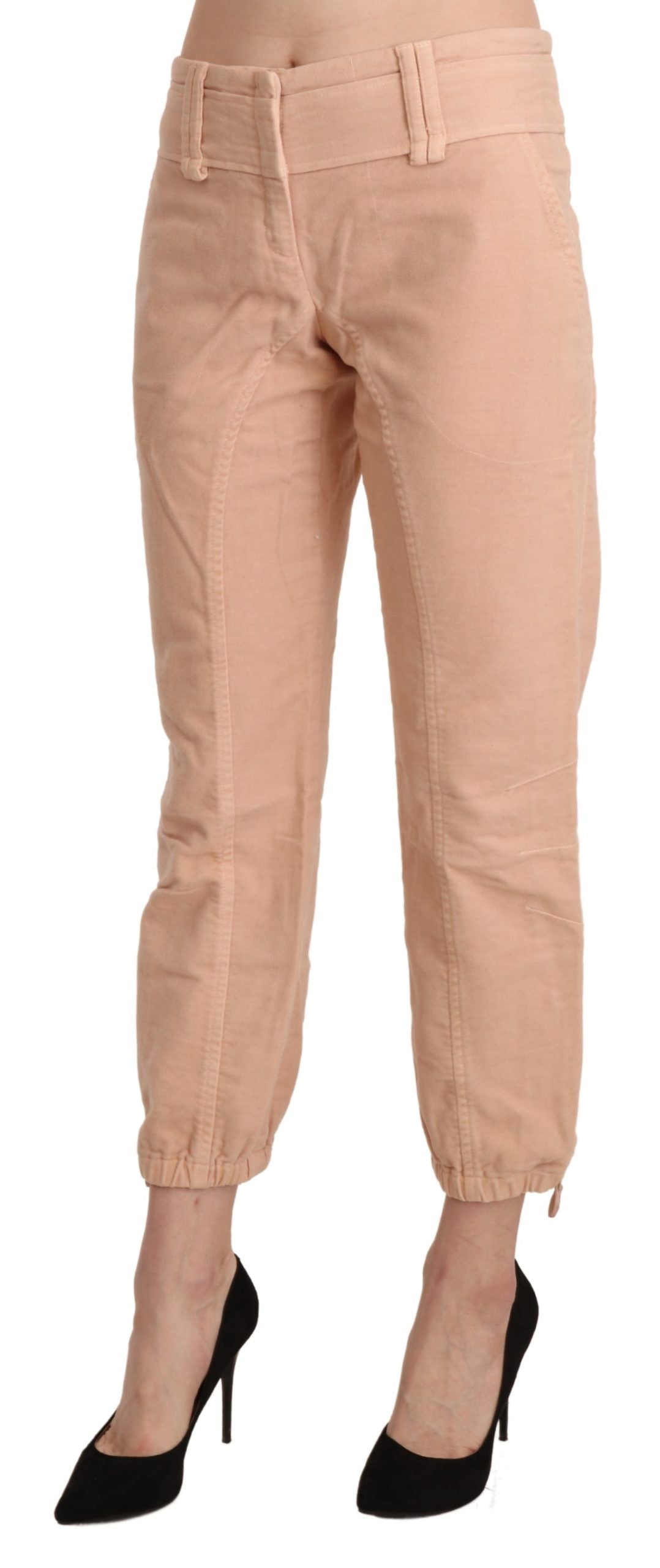 Beige Mid Waist Cropped Baumwoll-Hosenhose