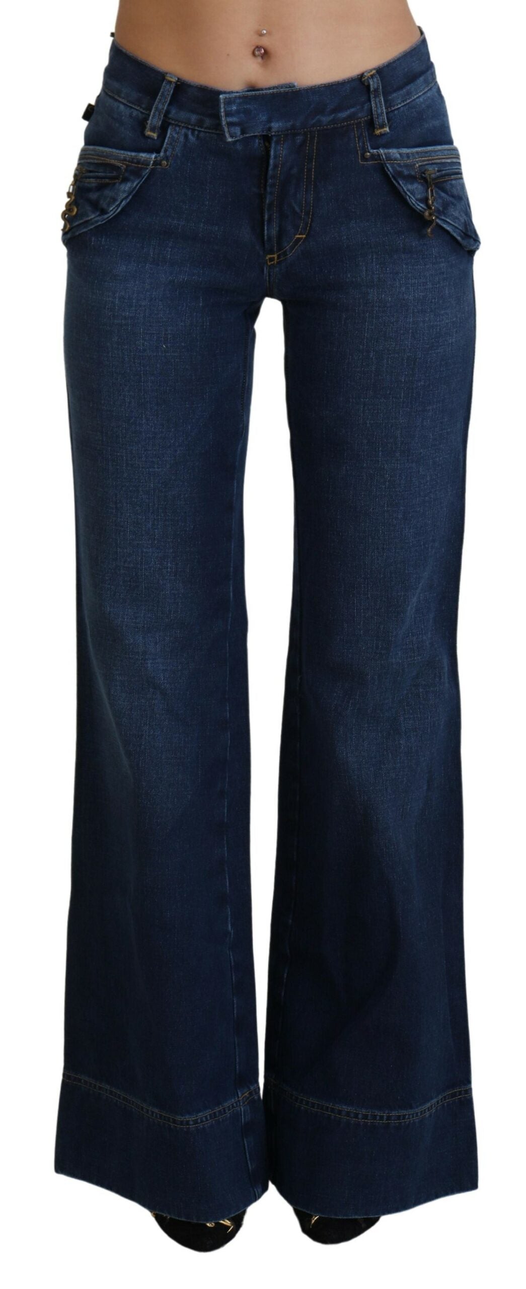 Blaue Baumwoll-Denim-Jeans mit ausgestelltem Bein und niedriger Taille