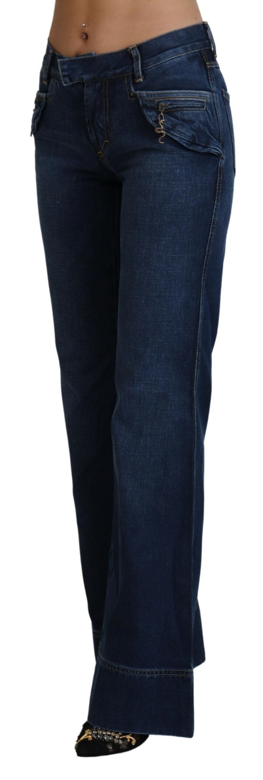 Blaue Baumwoll-Denim-Jeans mit ausgestelltem Bein und niedriger Taille