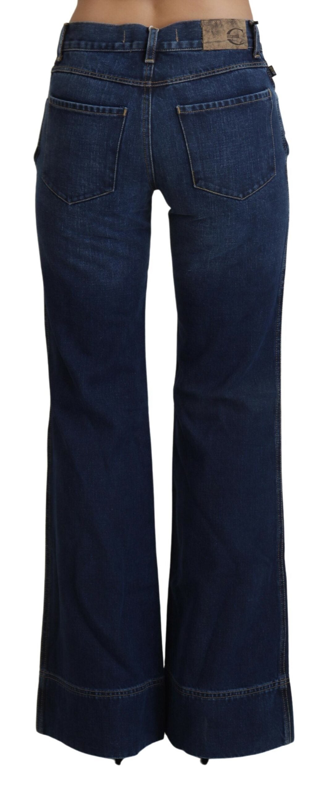 Blaue Baumwoll-Denim-Jeans mit ausgestelltem Bein und niedriger Taille