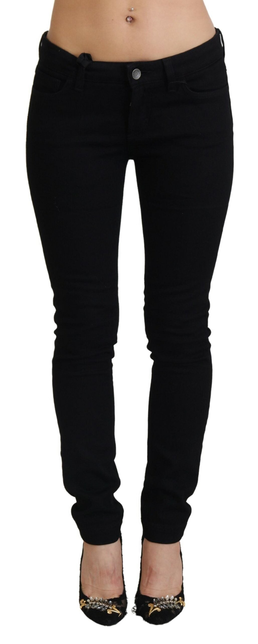 Schwarze Slim Fit Denim Jeans aus Baumwolle mit niedriger Taille