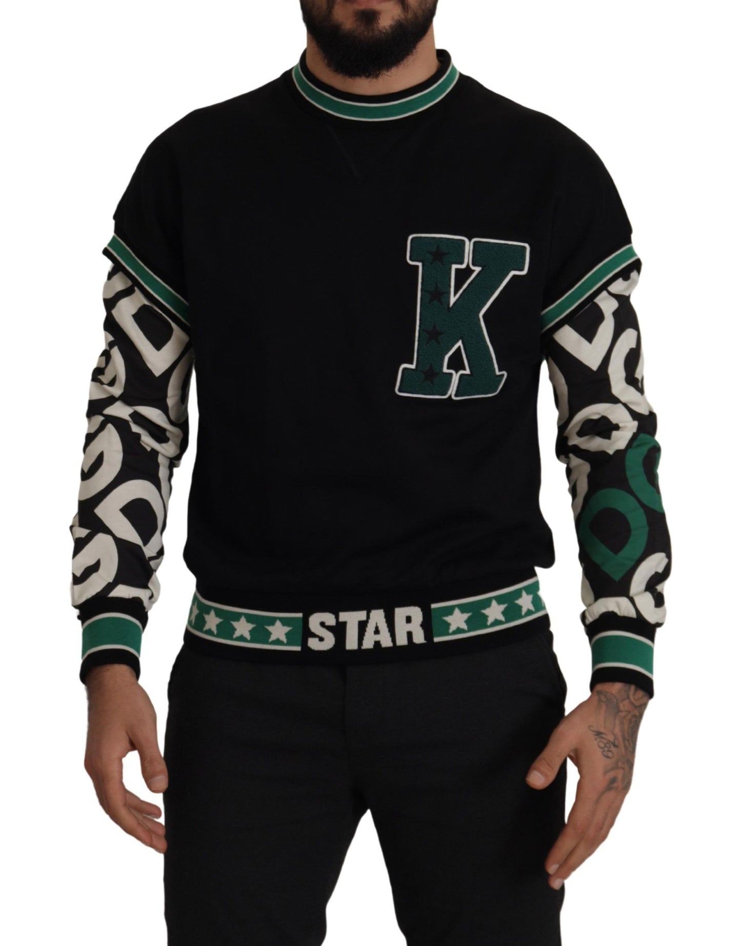 Schwarzgrüner Baumwoll-KING Star Pullover mit Rundhalsausschnitt