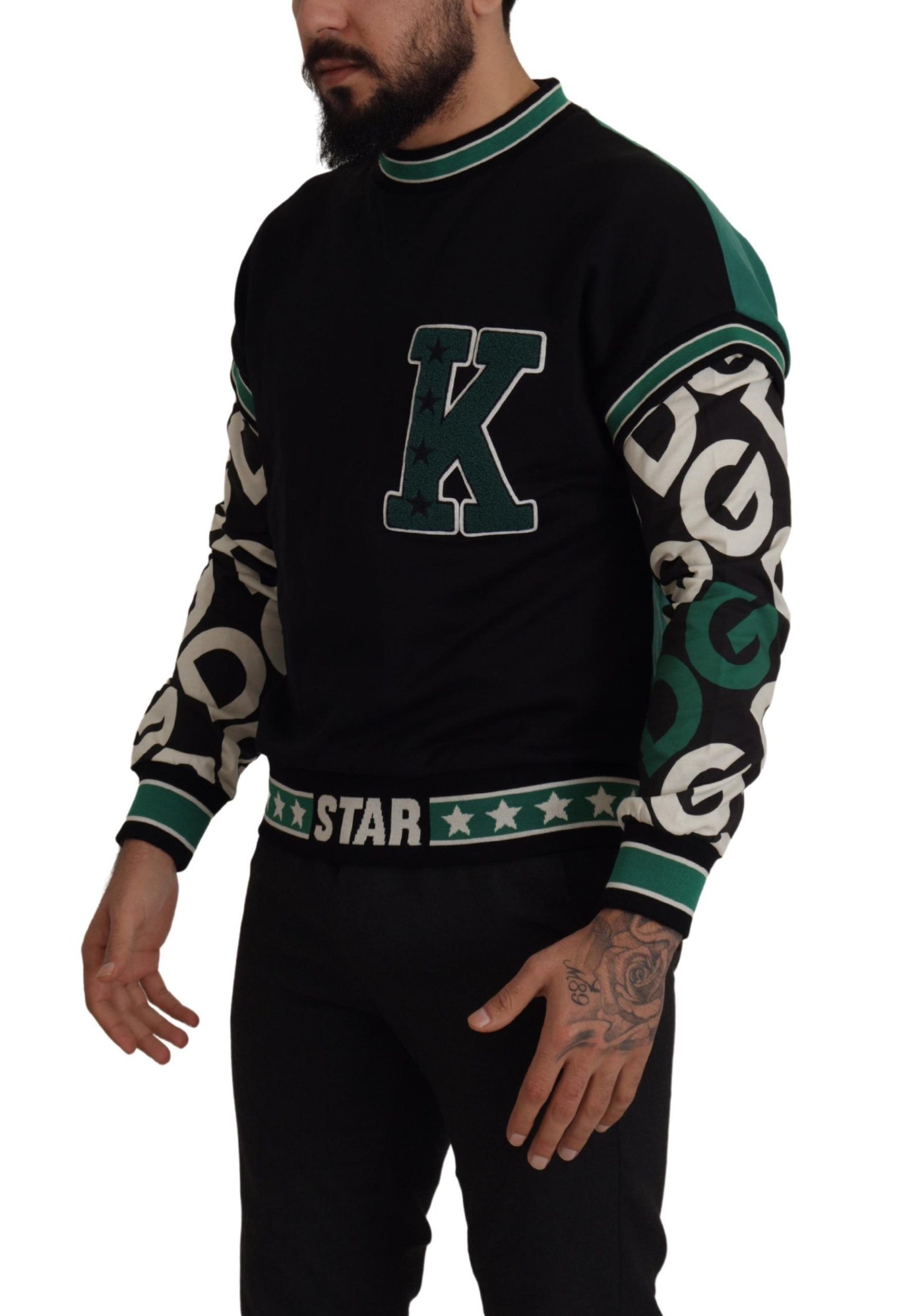 Schwarzgrüner Baumwoll-KING Star Pullover mit Rundhalsausschnitt