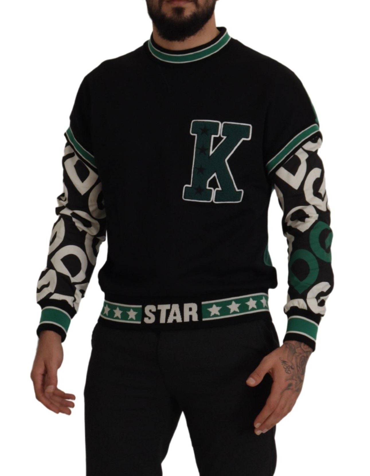 Schwarzgrüner Baumwoll-KING Star Pullover mit Rundhalsausschnitt