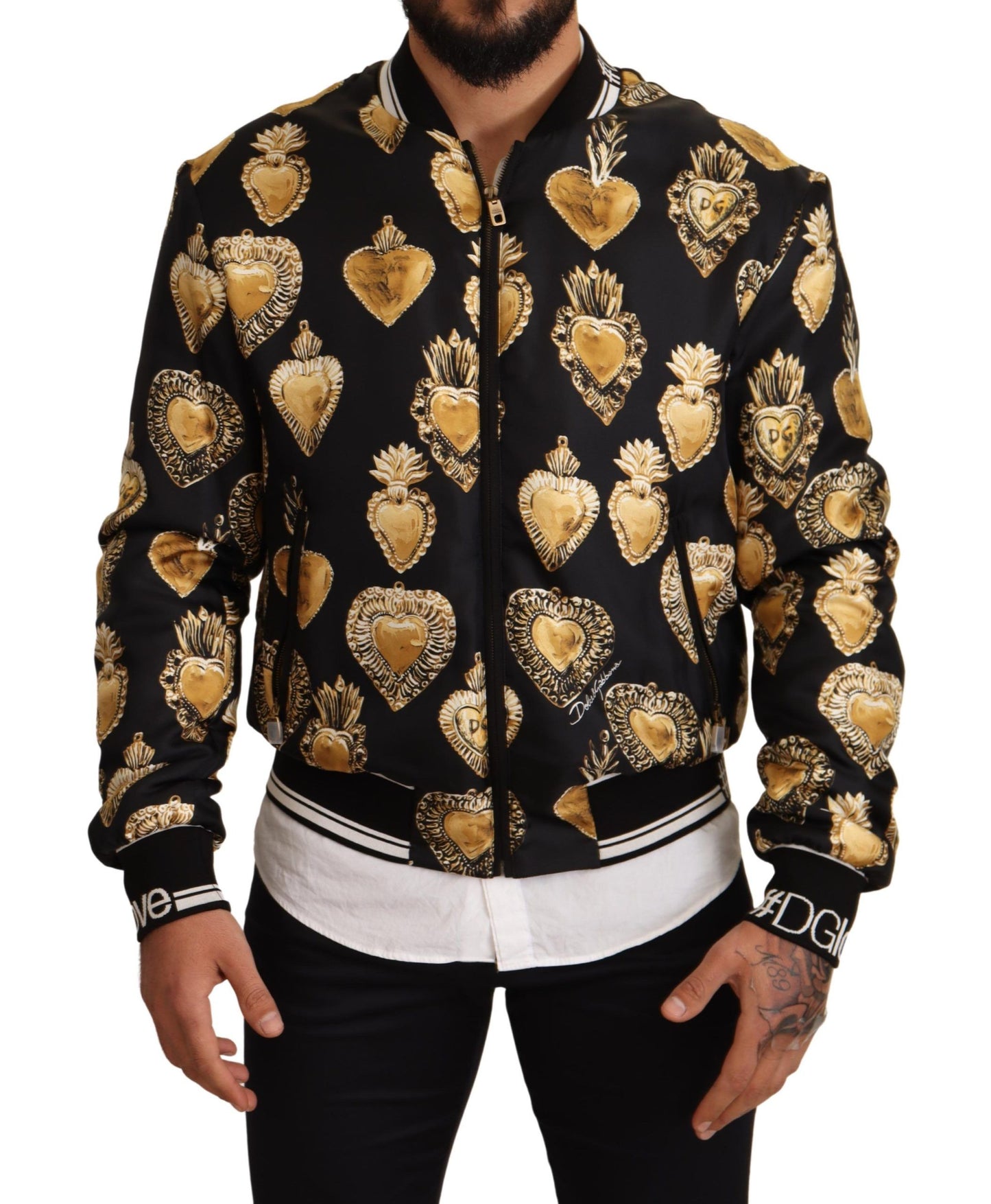 Schwarzer Seidenmantel Sacred Heart Bomberjacke