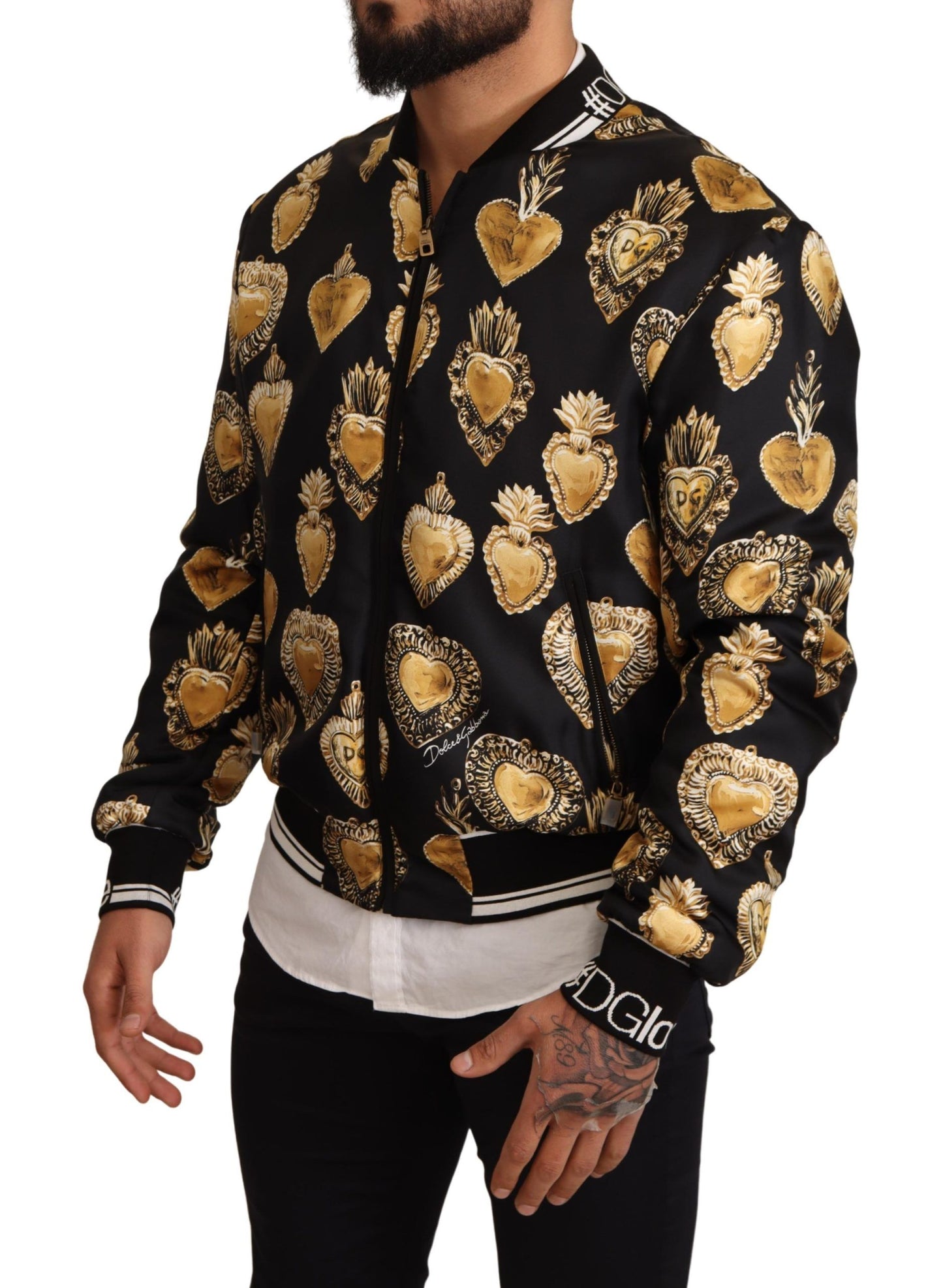 Schwarzer Seidenmantel Sacred Heart Bomberjacke