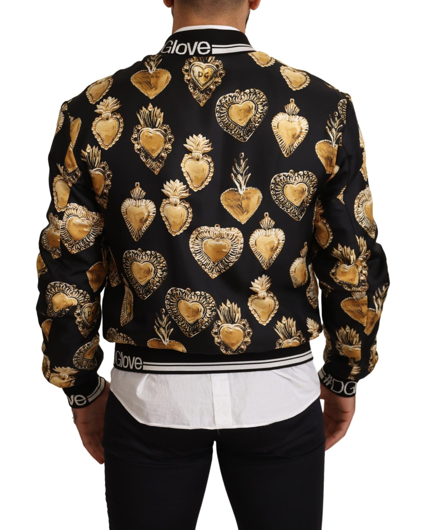 Schwarzer Seidenmantel Sacred Heart Bomberjacke