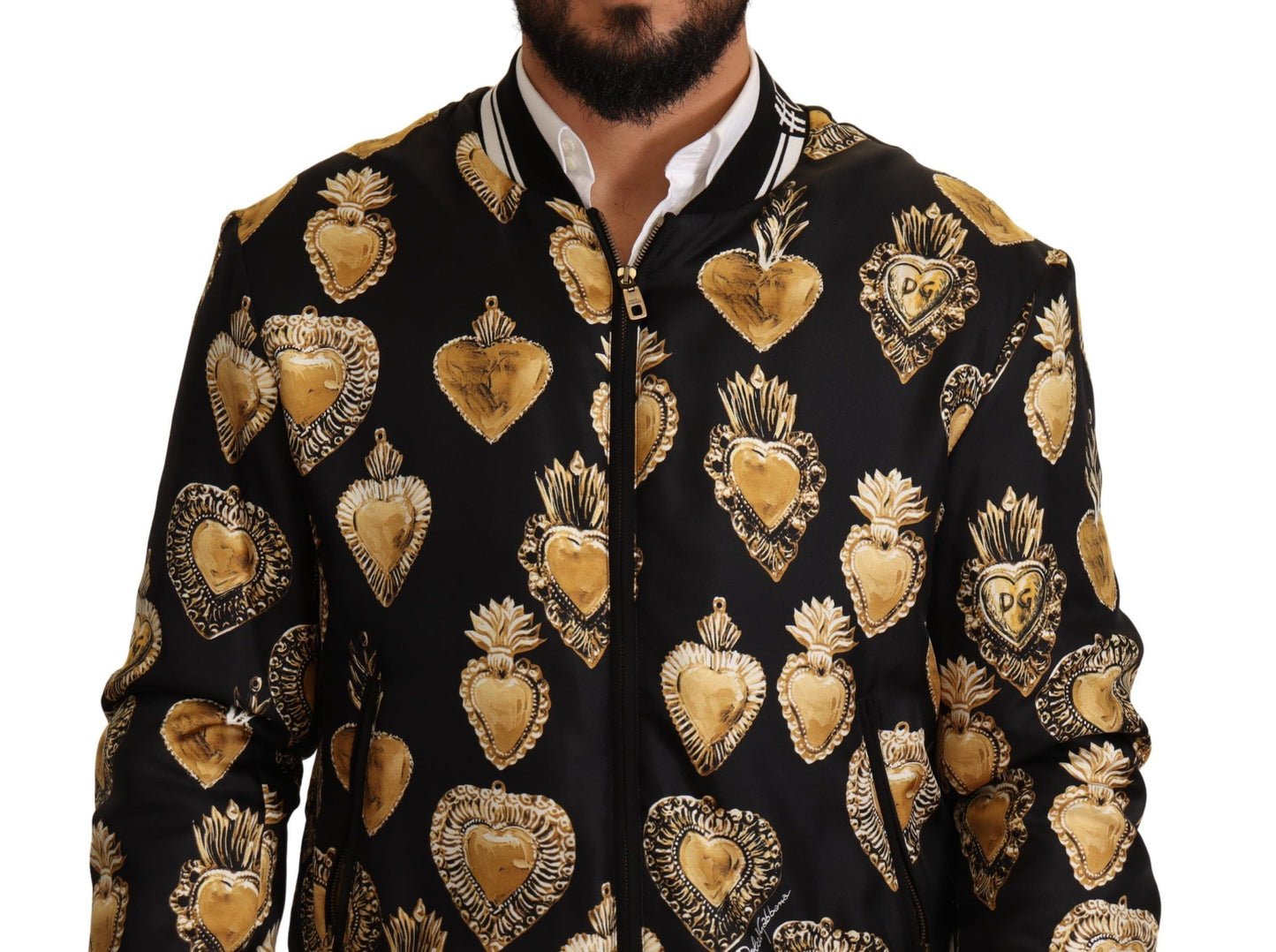 Schwarzer Seidenmantel Sacred Heart Bomberjacke