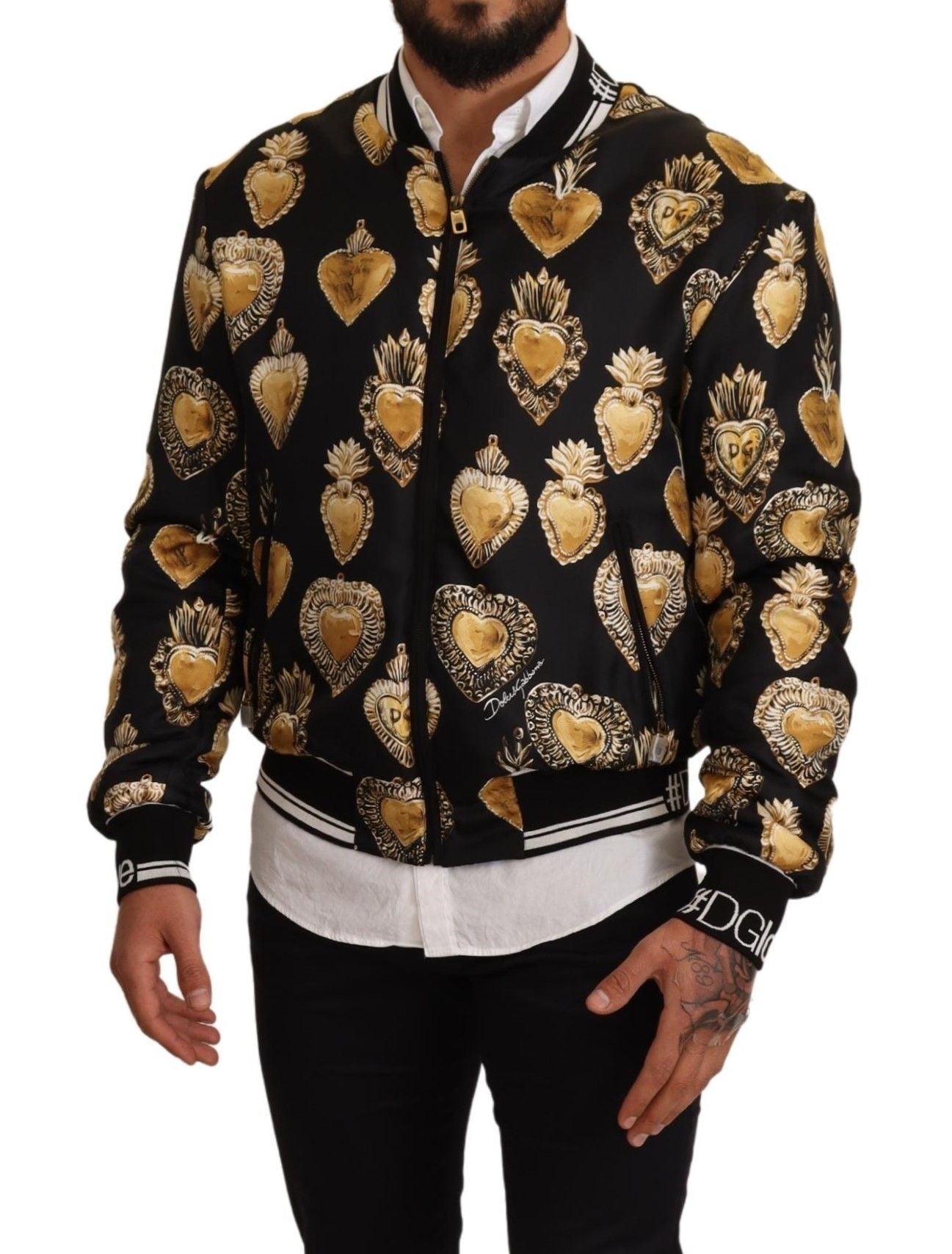 Schwarzer Seidenmantel Sacred Heart Bomberjacke
