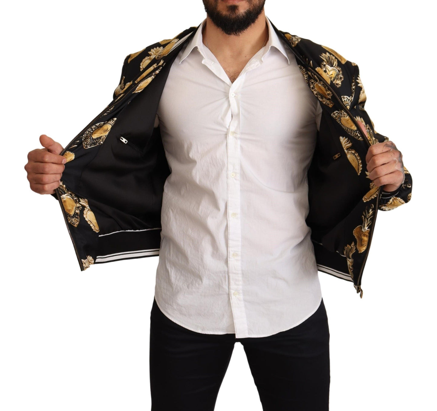 Schwarzer Seidenmantel Sacred Heart Bomberjacke