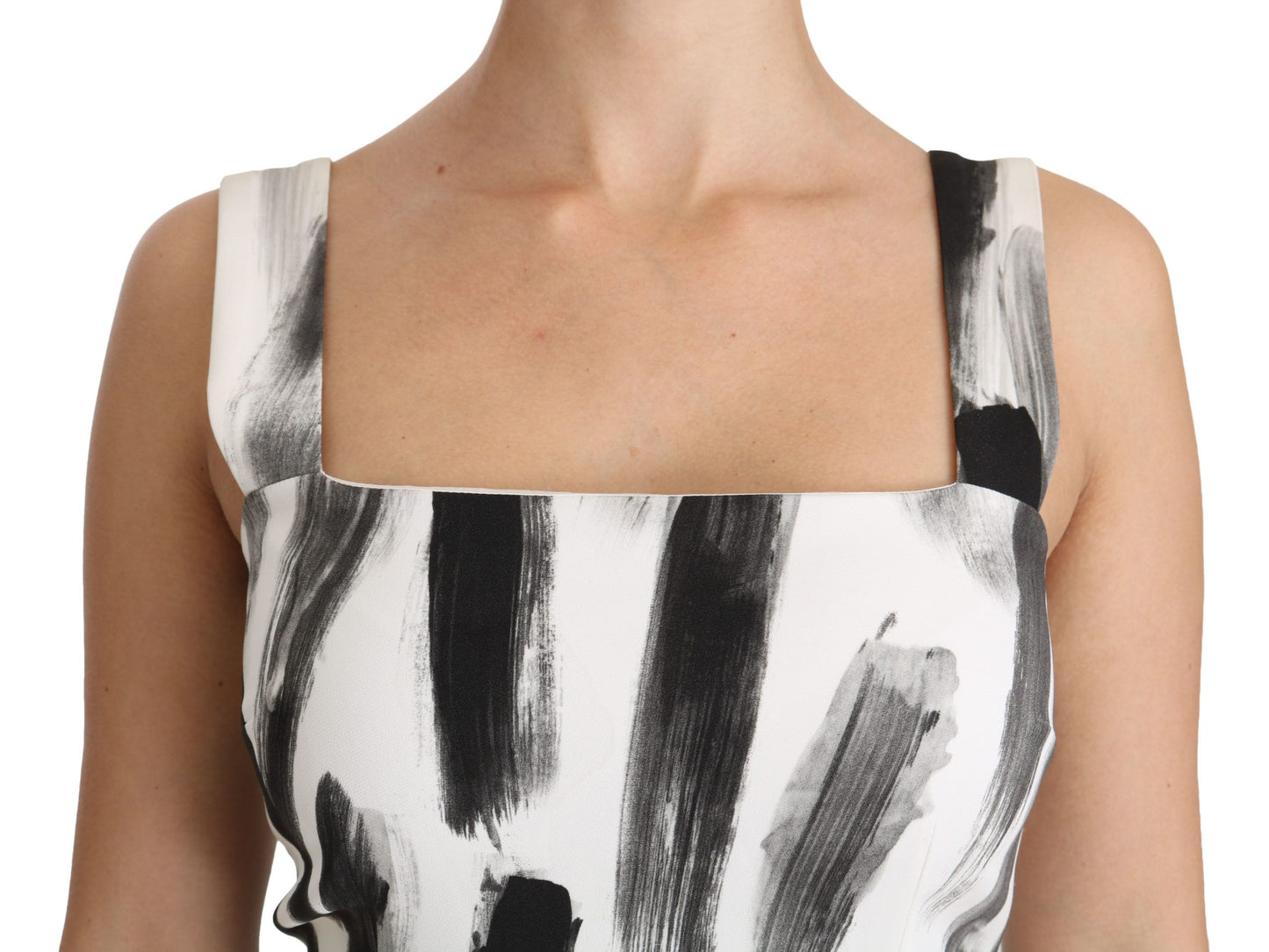 Weißes, schwarzes, bedrucktes Midi-Kleid aus Viskose