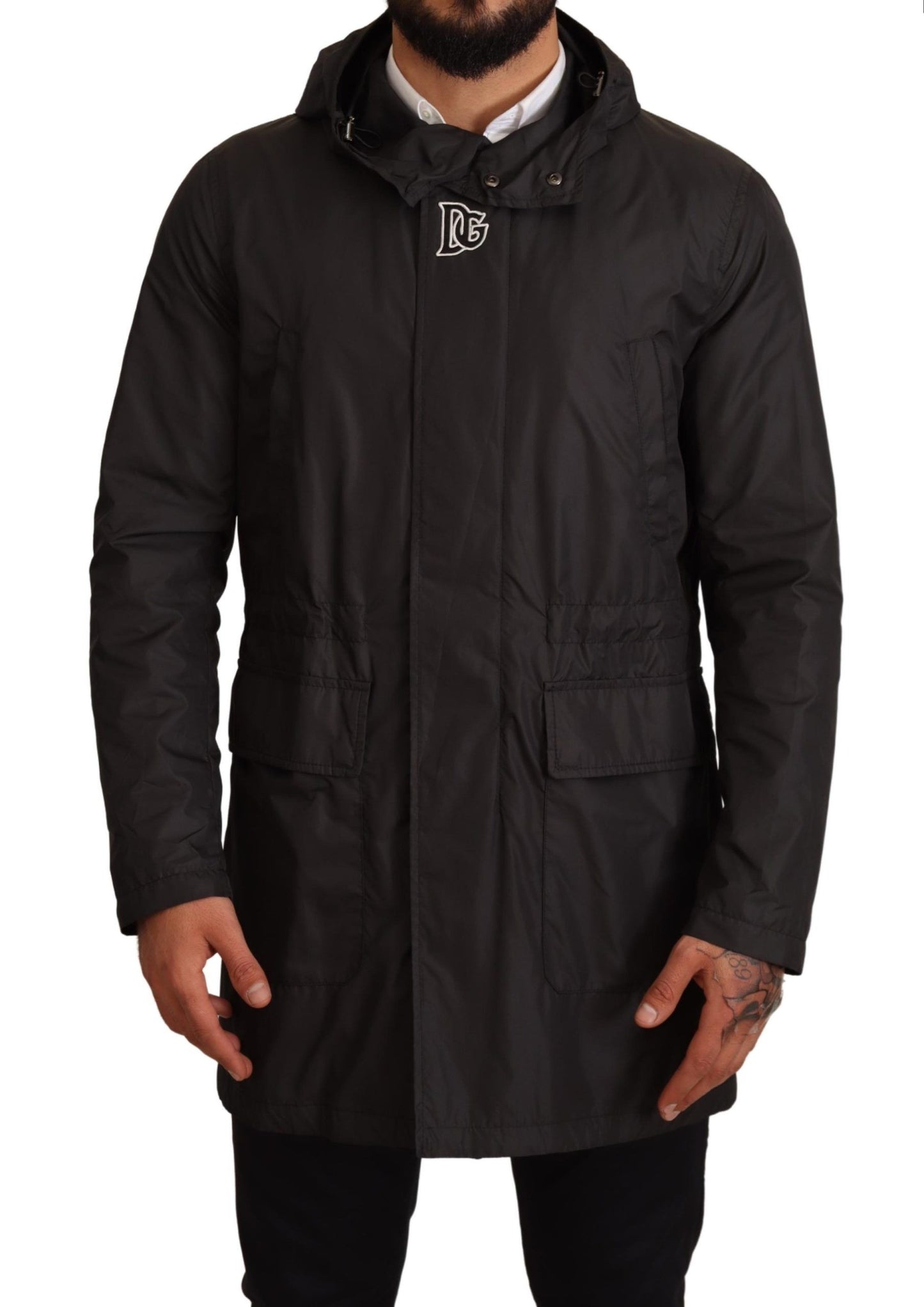 Schwarzer Polyester Parka Mantel mit Kapuze Jacke
