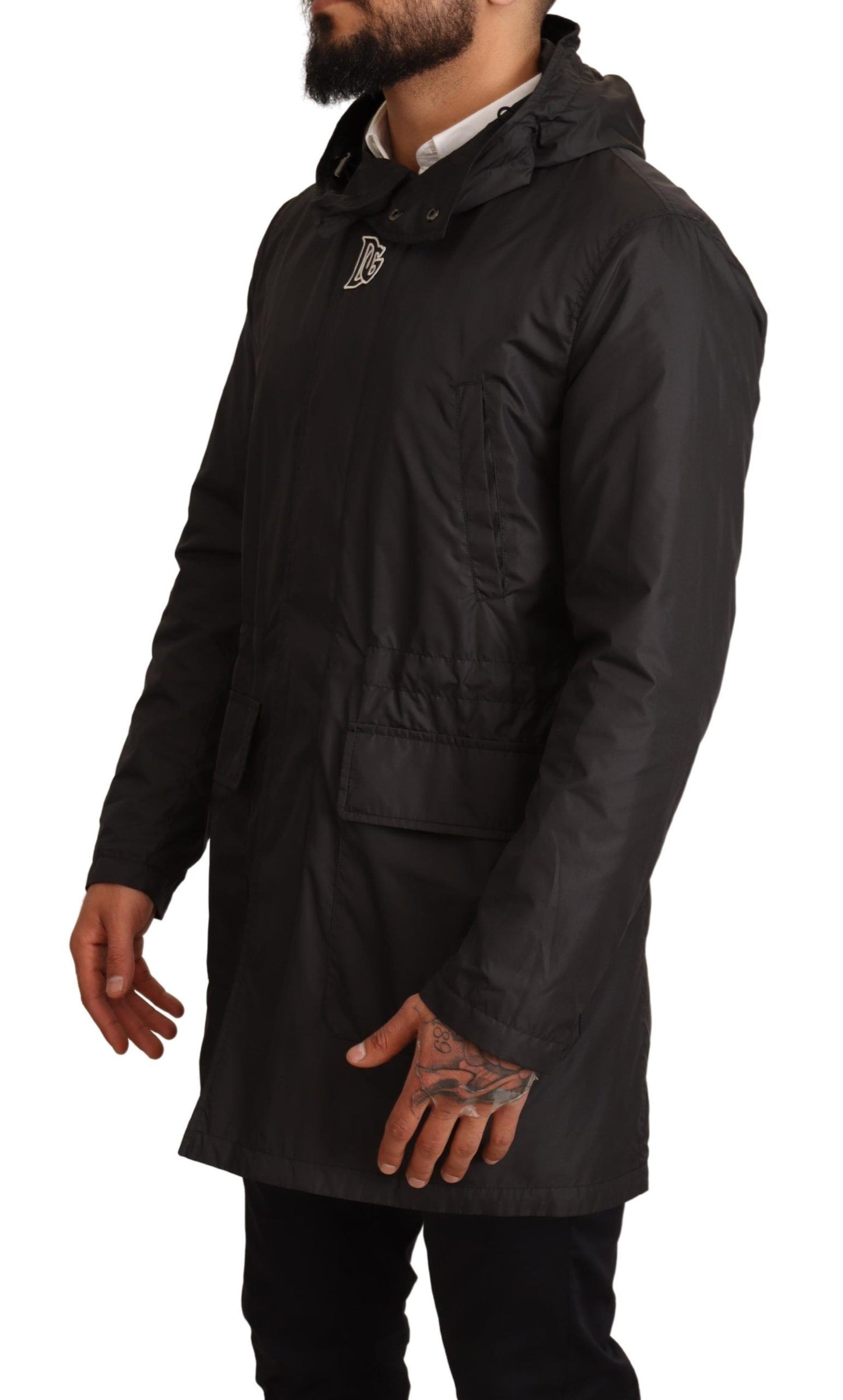 Schwarzer Polyester Parka Mantel mit Kapuze Jacke
