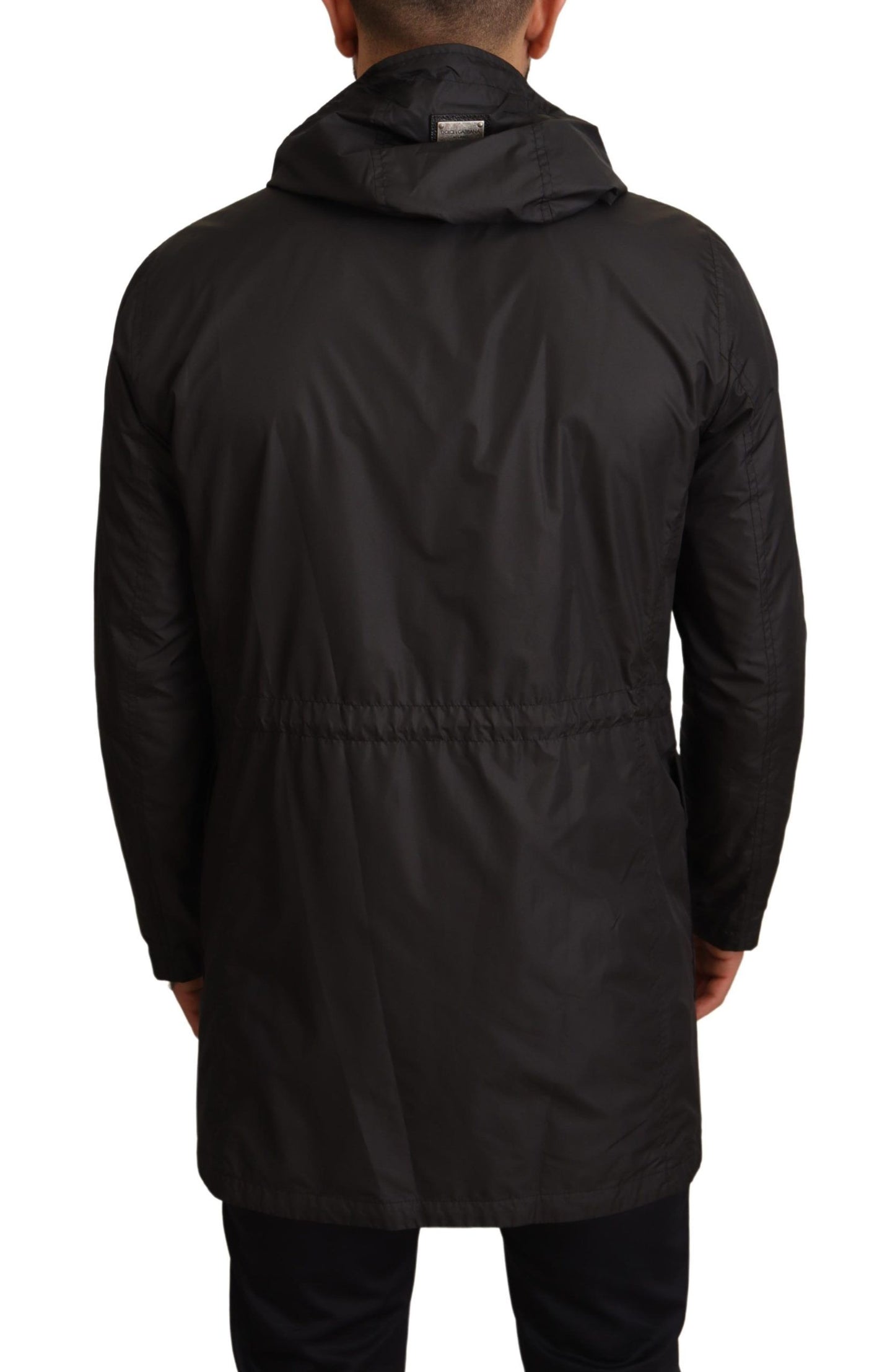 Schwarzer Polyester Parka Mantel mit Kapuze Jacke