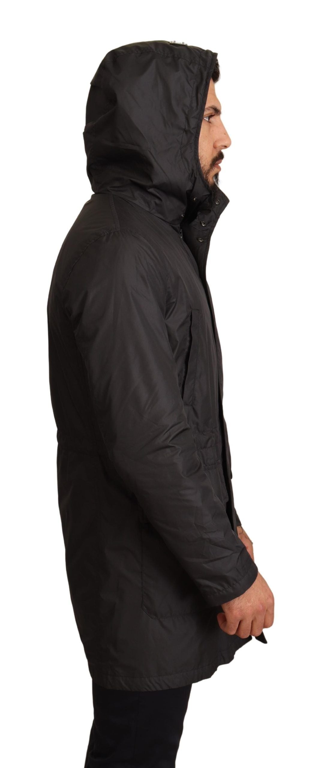 Schwarzer Polyester Parka Mantel mit Kapuze Jacke