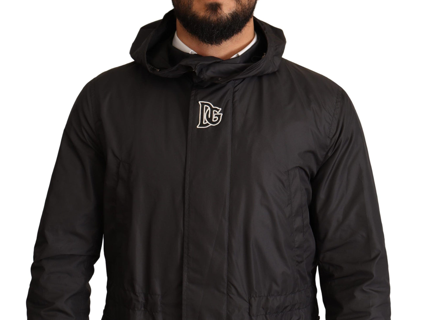Schwarzer Polyester Parka Mantel mit Kapuze Jacke