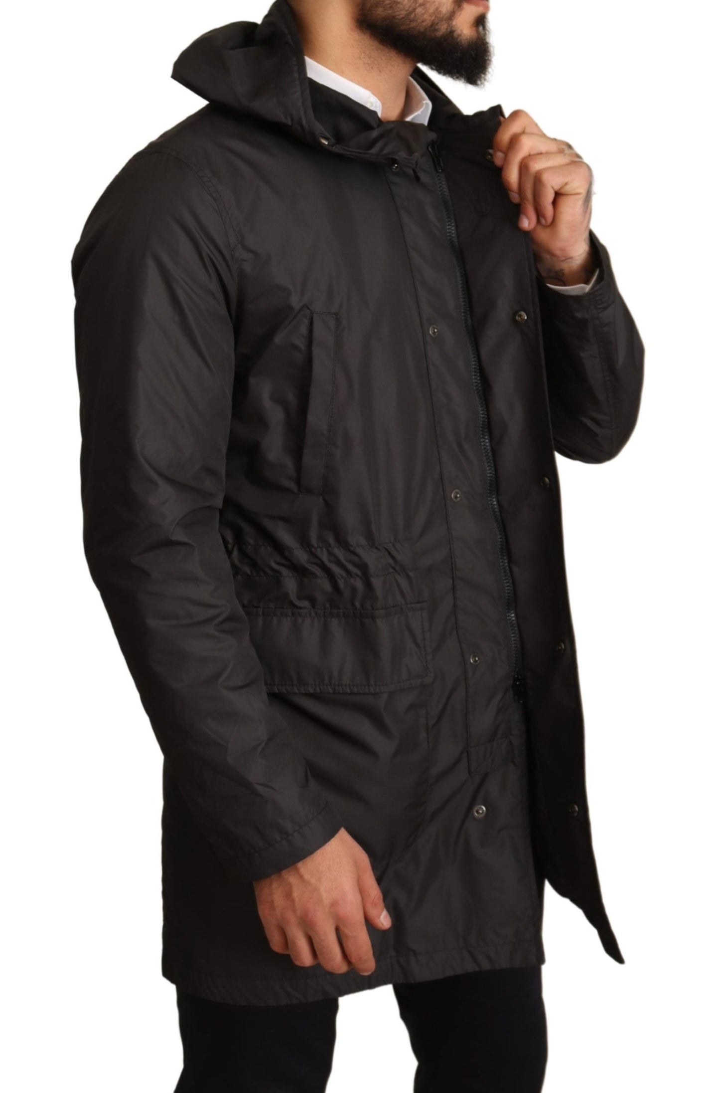 Schwarzer Polyester Parka Mantel mit Kapuze Jacke