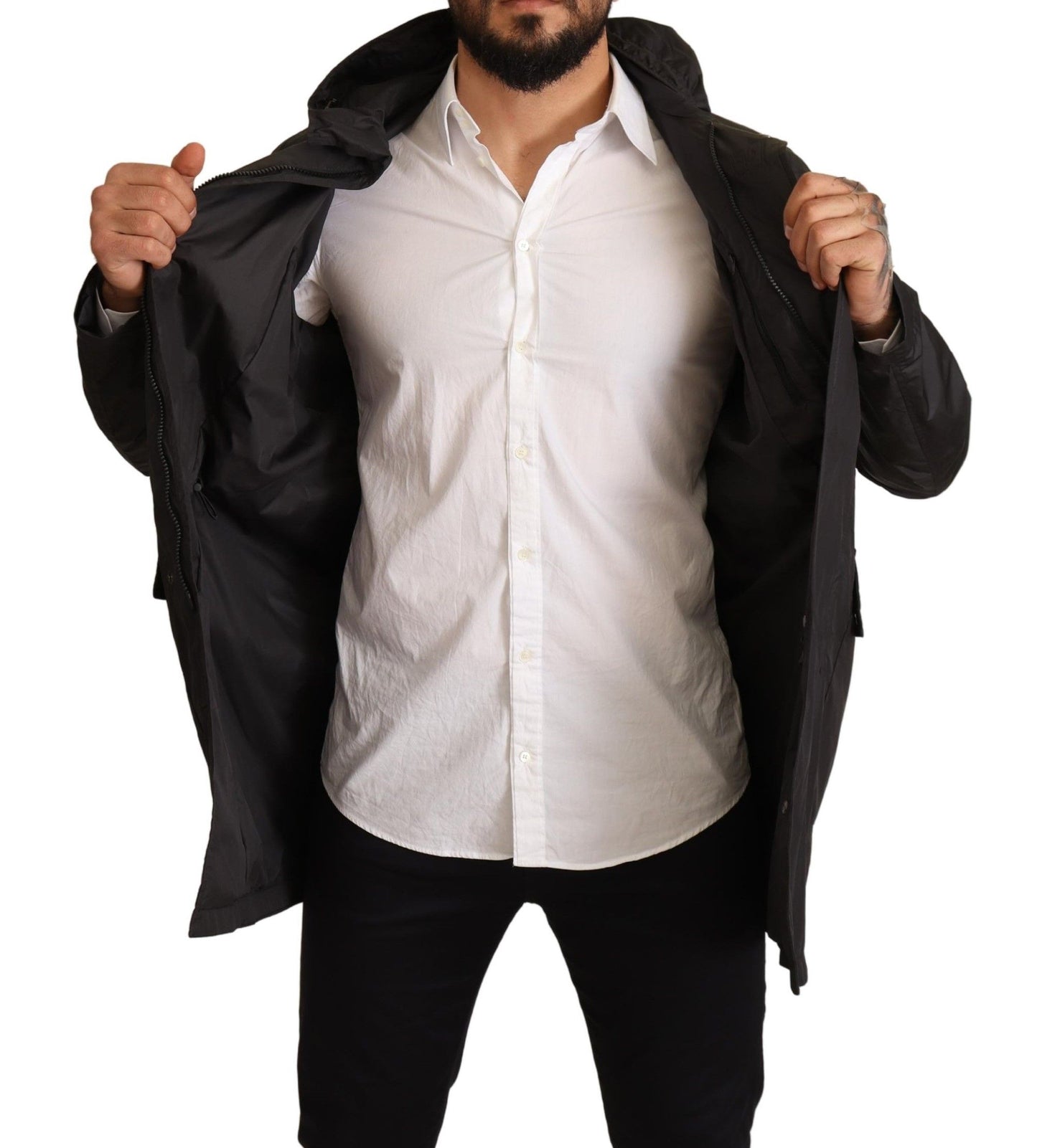 Schwarzer Polyester Parka Mantel mit Kapuze Jacke