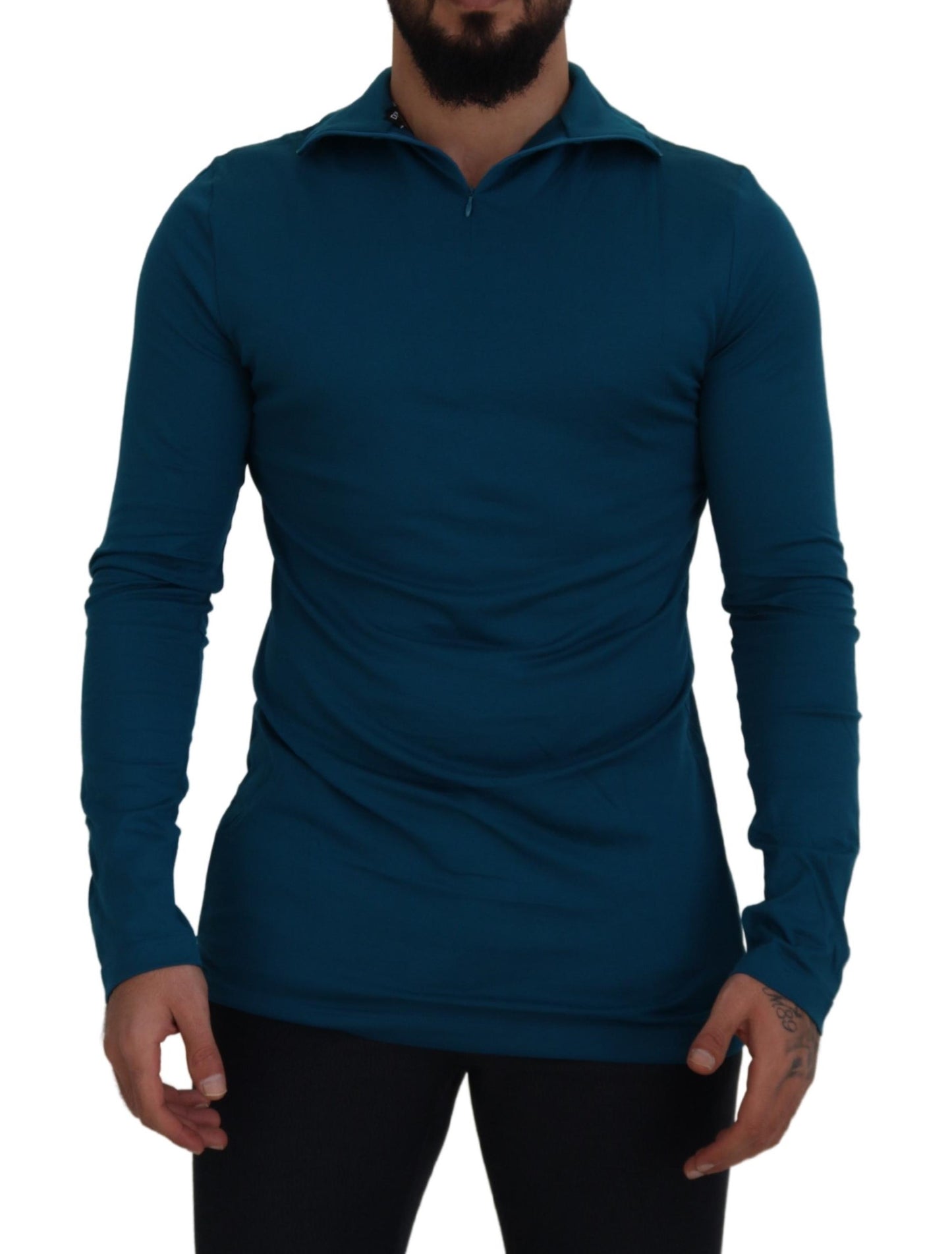 Blauer Baumwollpullover mit Kragen Schlanker Pullover