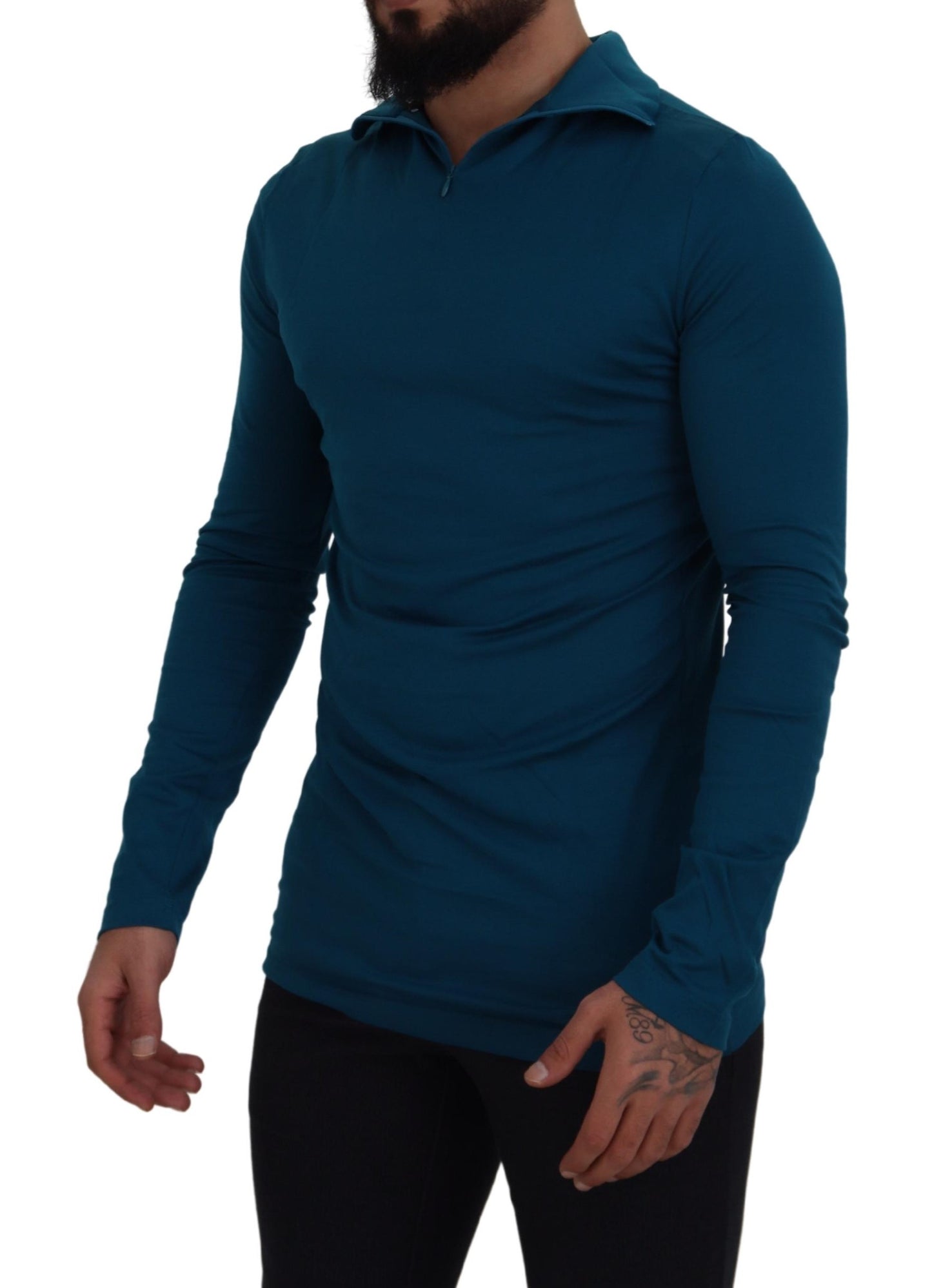 Blauer Baumwollpullover mit Kragen Schlanker Pullover