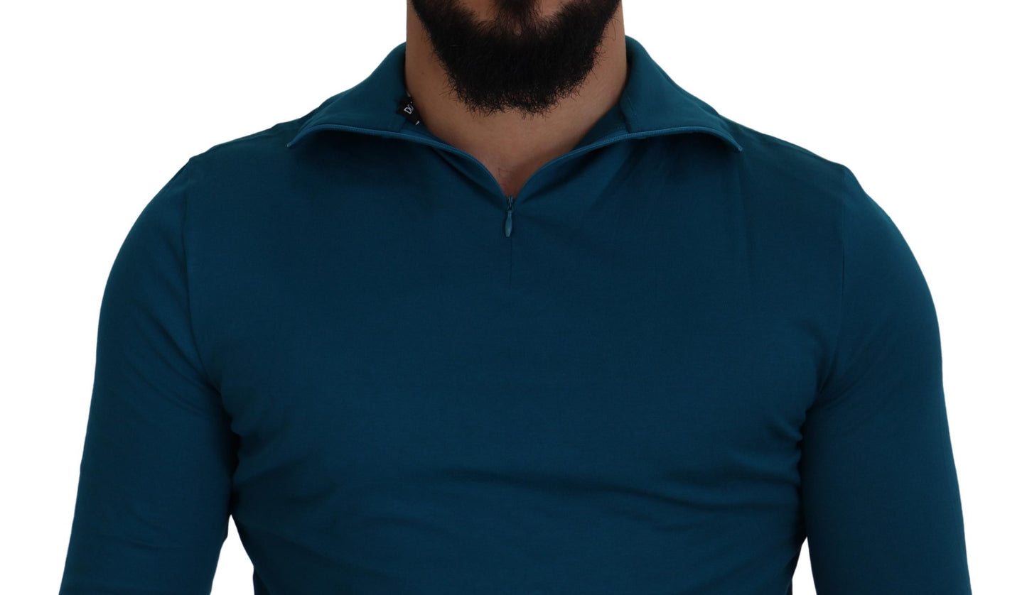 Blauer Baumwollpullover mit Kragen Schlanker Pullover