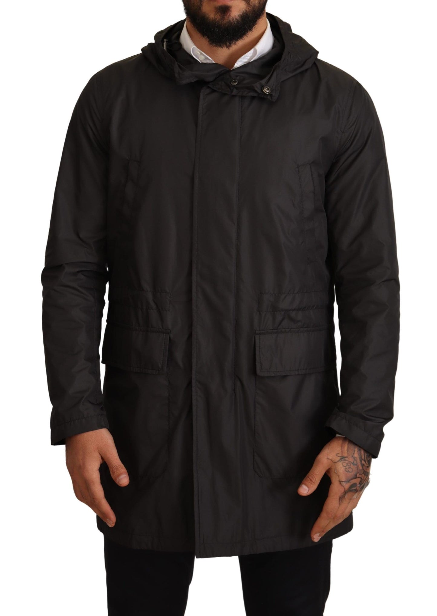 Schwarzer Trenchcoat mit Kapuze Jacke