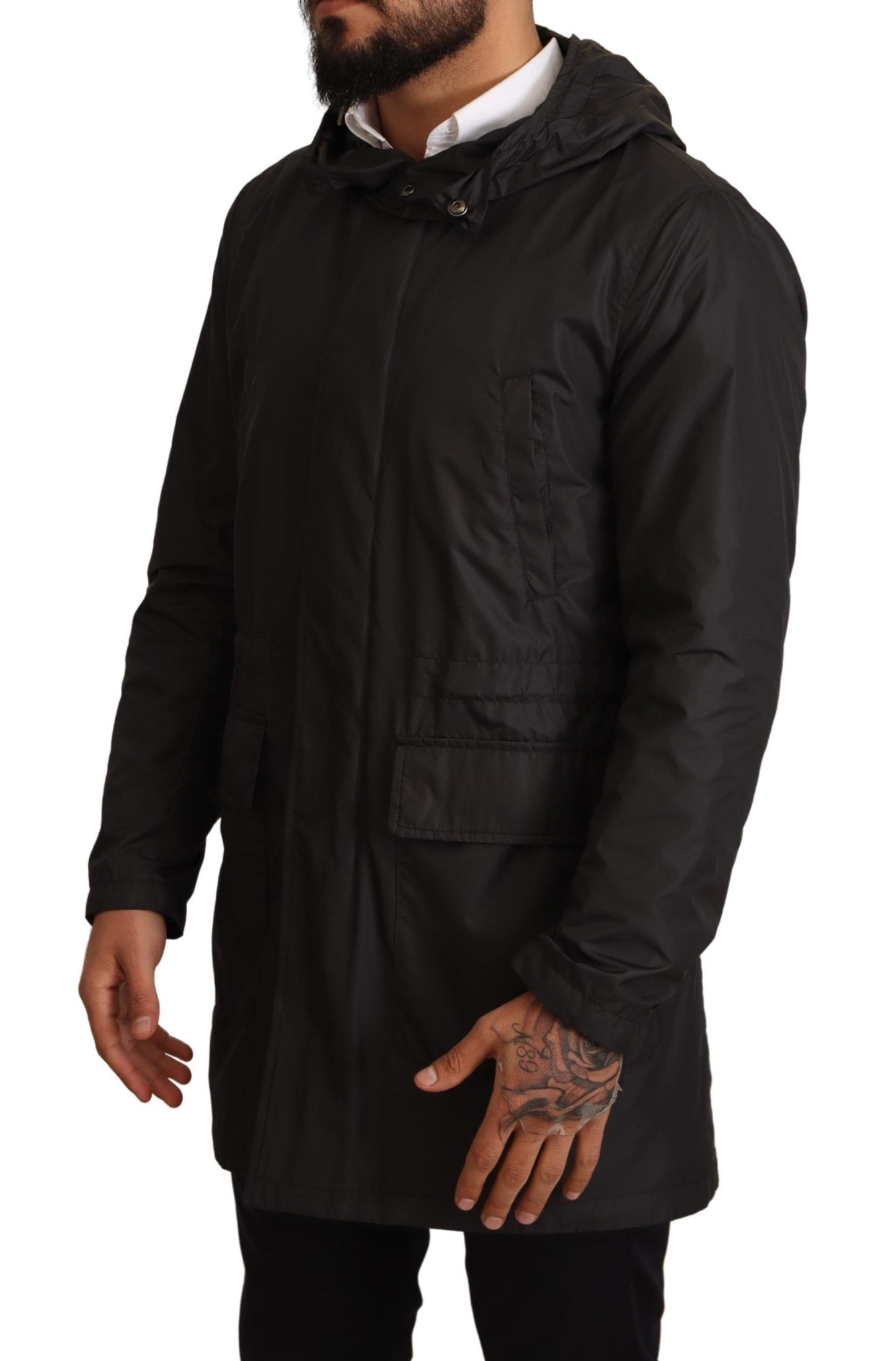 Schwarzer Trenchcoat mit Kapuze Jacke