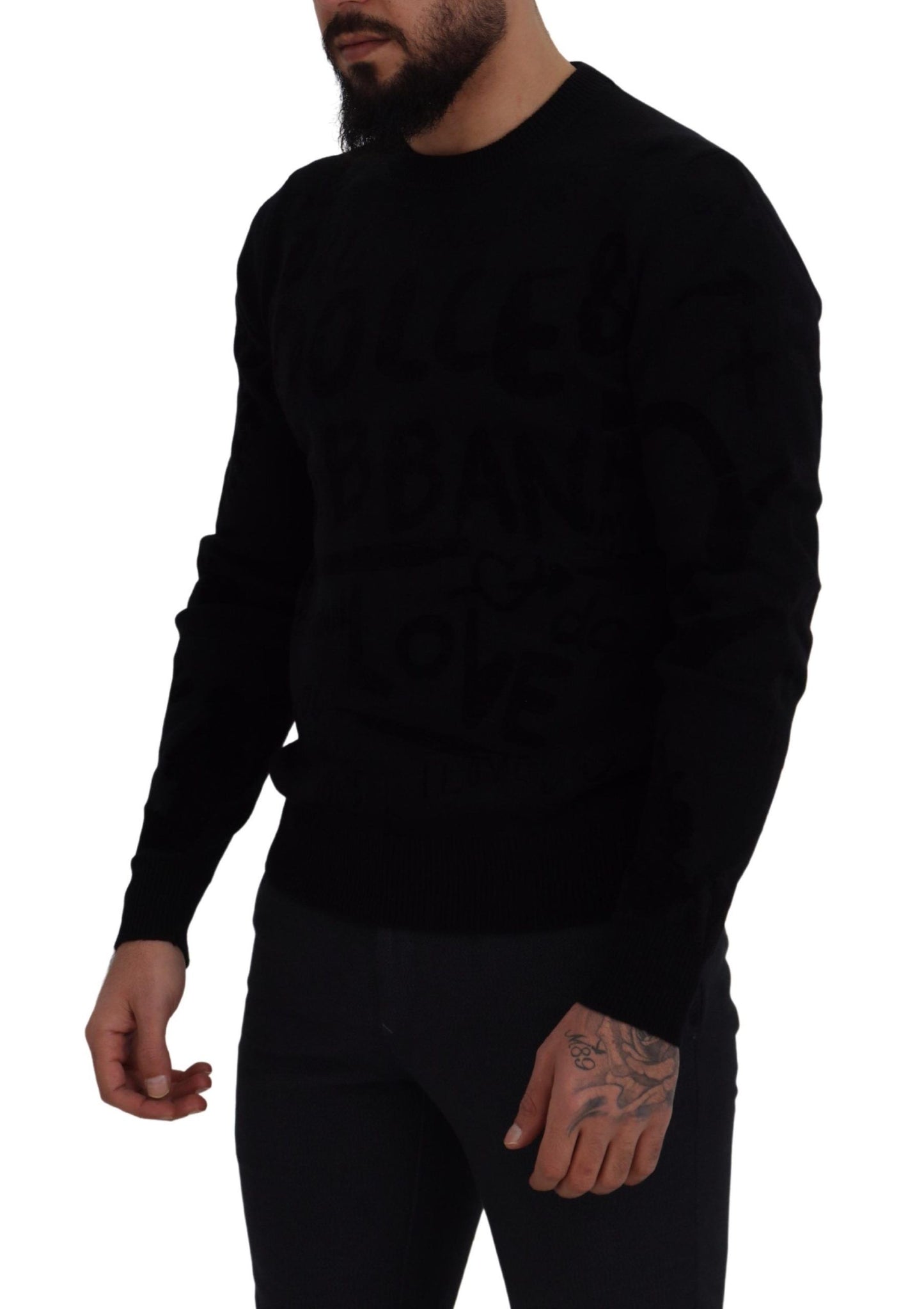 Schwarzer Wollpullover mit Logo-Muster und Rundhalsausschnitt