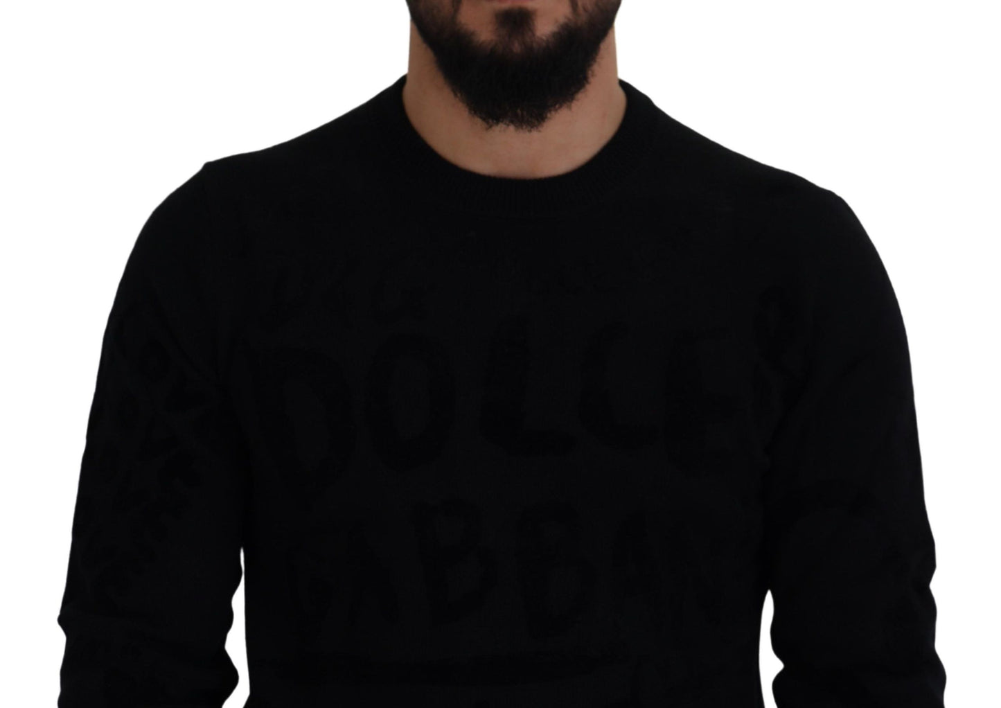 Schwarzer Wollpullover mit Logo-Muster und Rundhalsausschnitt
