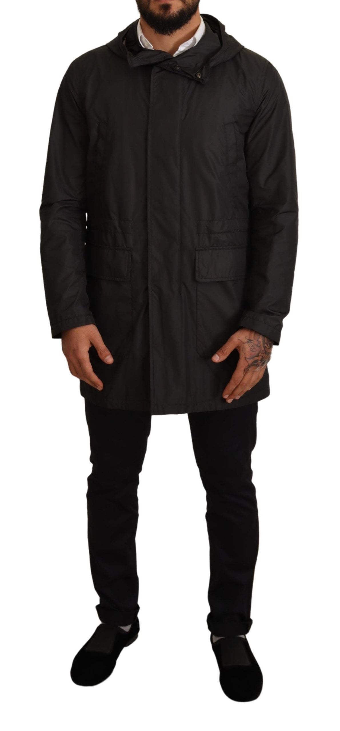 Schwarzer Trenchcoat mit Kapuze Jacke