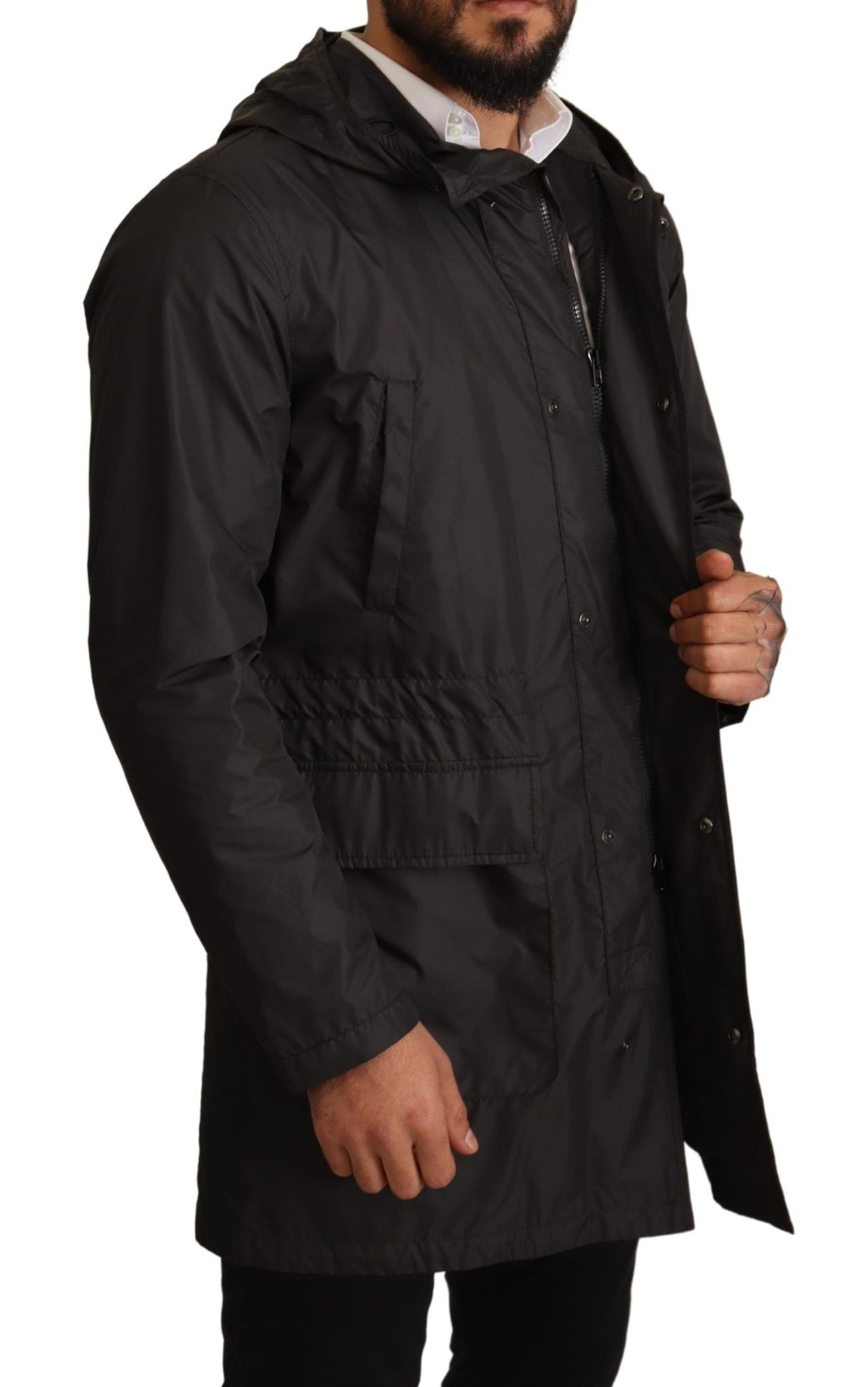 Schwarzer Trenchcoat mit Kapuze Jacke