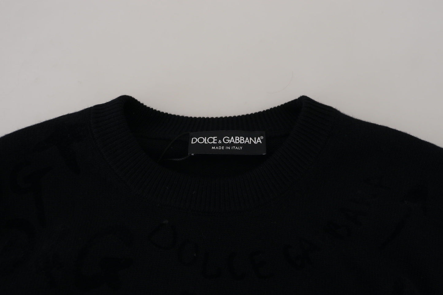 Schwarzer Wollpullover mit Logo-Muster und Rundhalsausschnitt