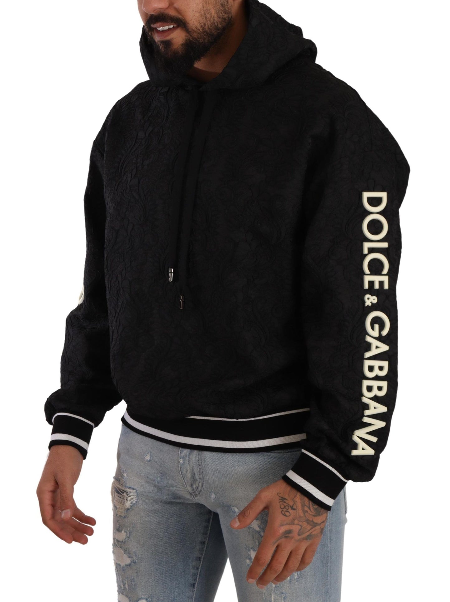Schwarzer Logo-Brokat-Pullover mit Kapuze Pullover