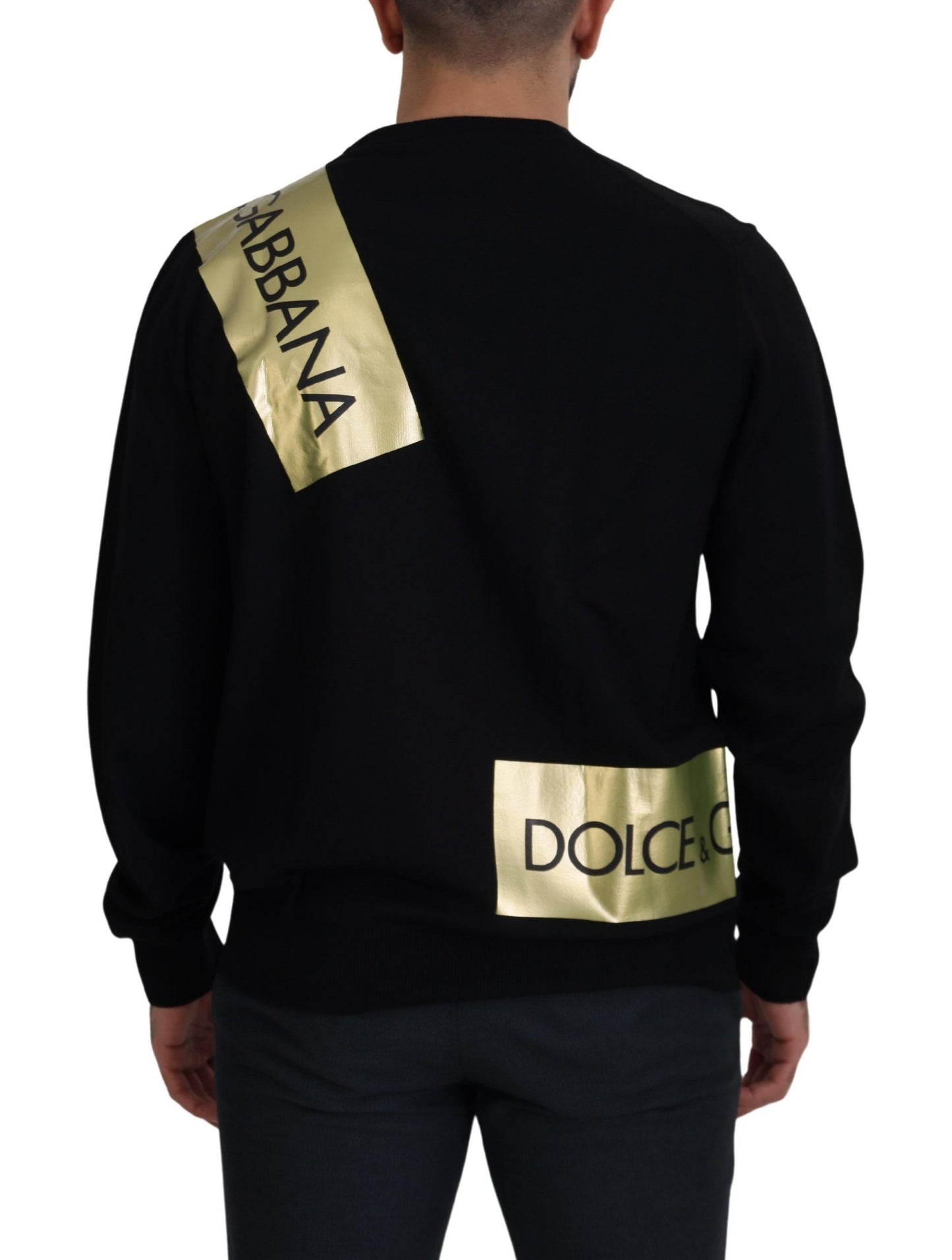 Pullover mit Rundhalsausschnitt aus schwarzer Wolle und goldenem Logo