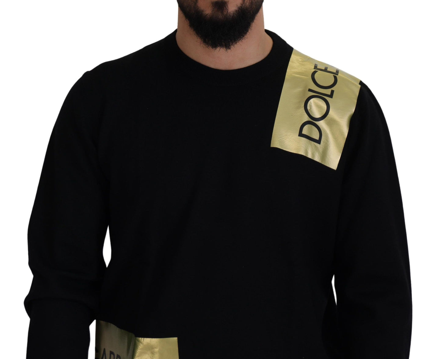 Pullover mit Rundhalsausschnitt aus schwarzer Wolle und goldenem Logo
