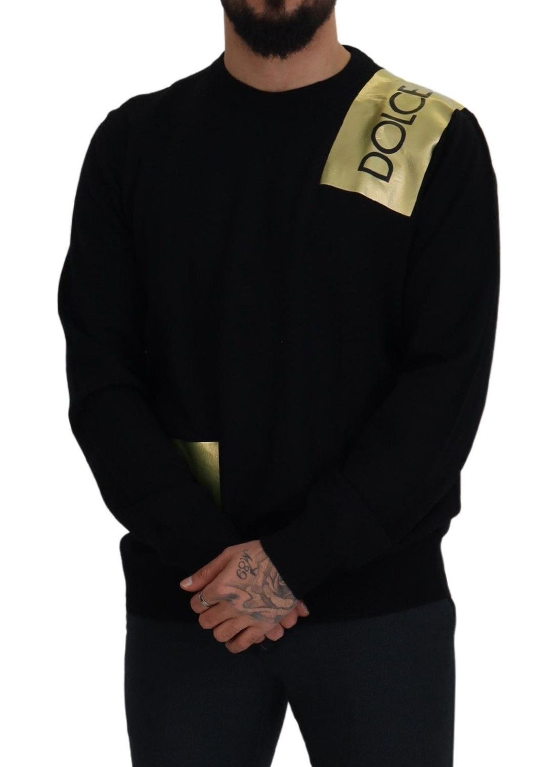 Pullover mit Rundhalsausschnitt aus schwarzer Wolle und goldenem Logo