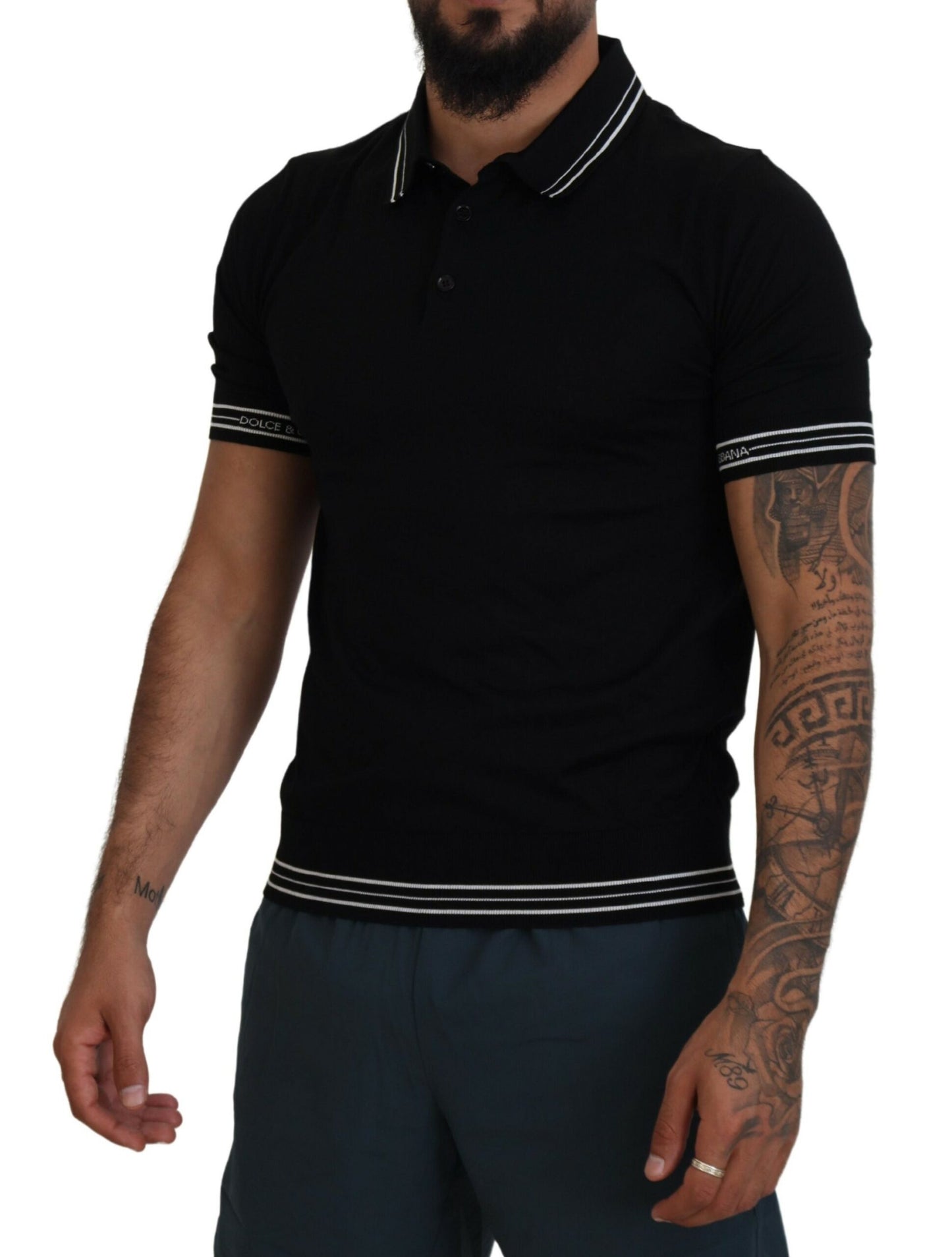 Schwarzes Polo-T-Shirt mit kurzen Ärmeln aus Seide