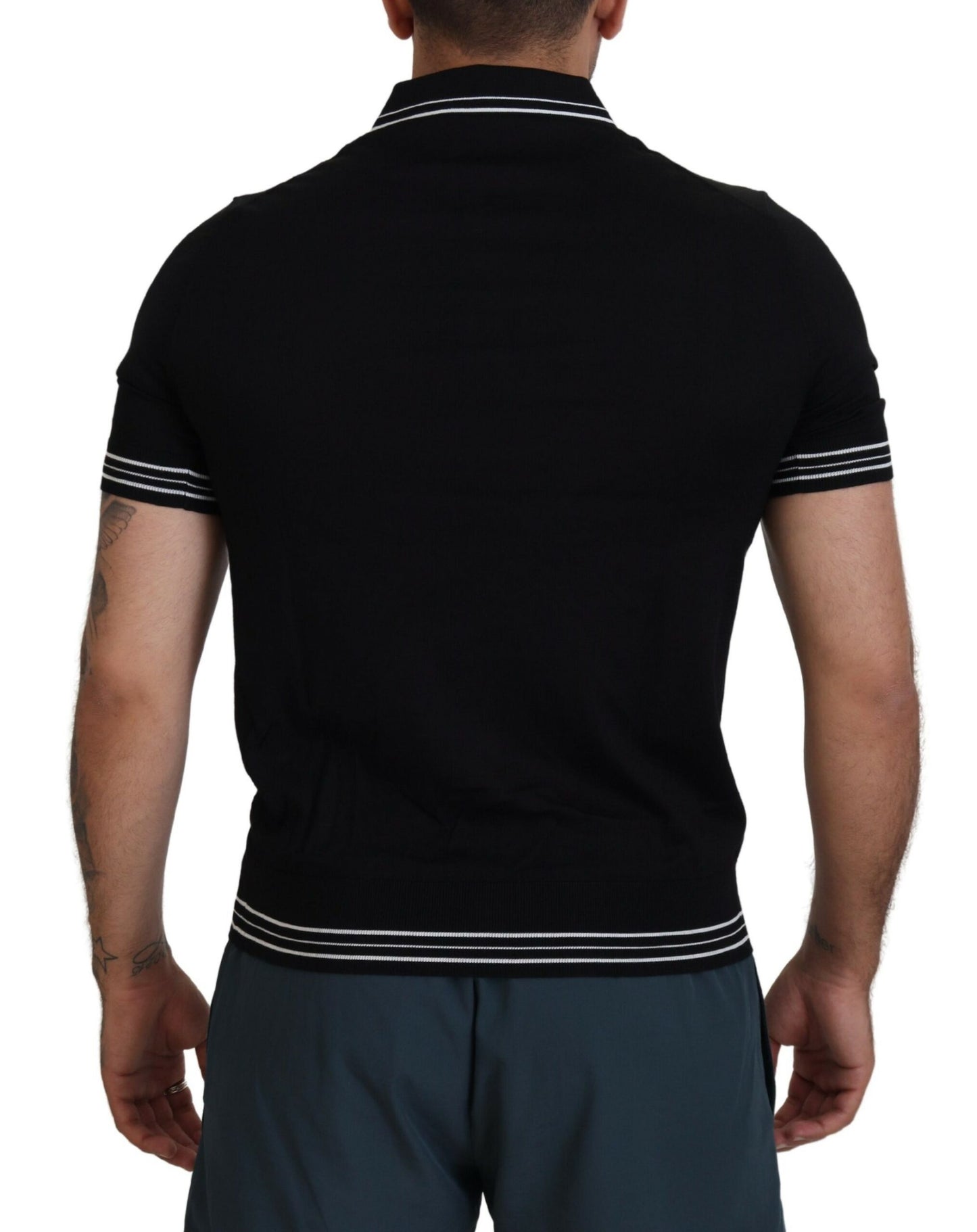 Schwarzes Polo-T-Shirt mit kurzen Ärmeln aus Seide