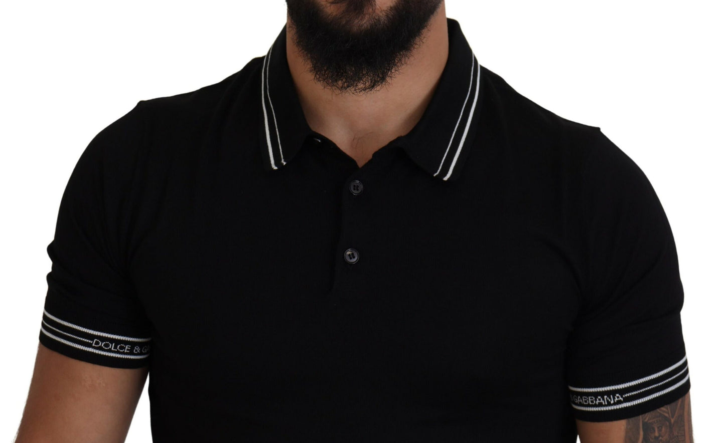 Schwarzes Polo-T-Shirt mit kurzen Ärmeln aus Seide
