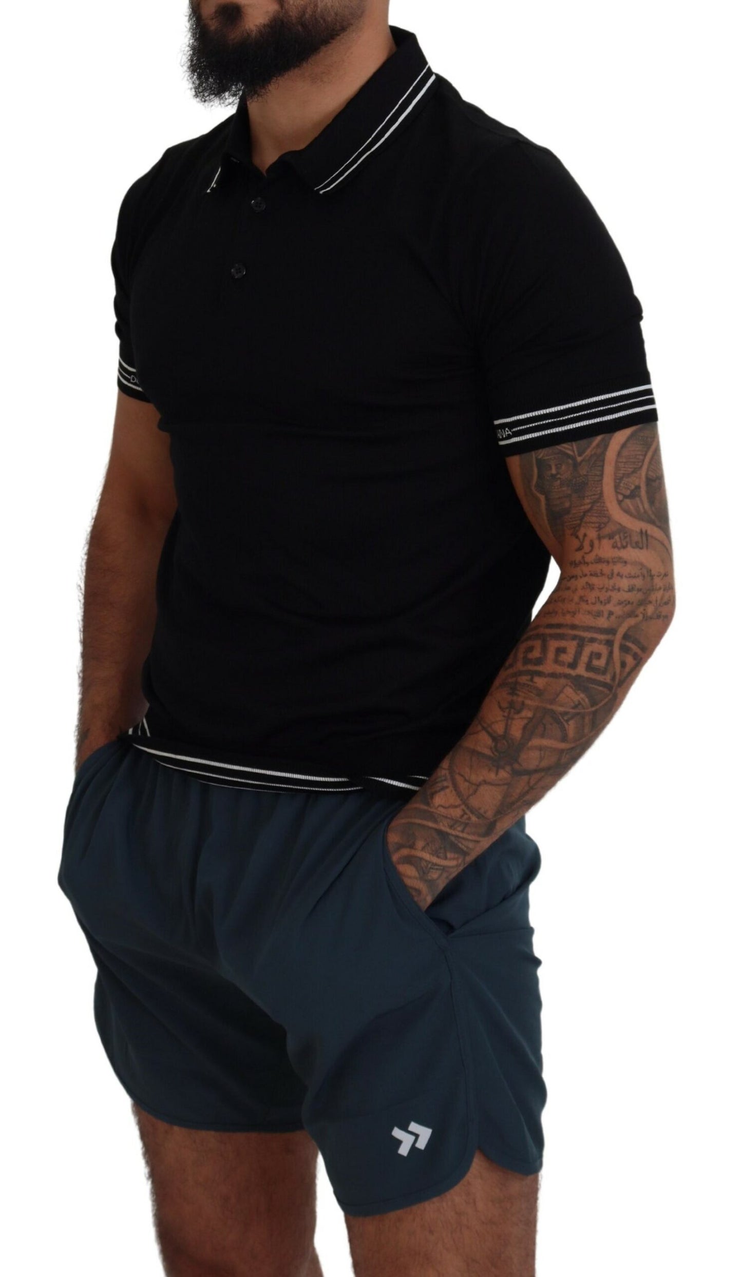 Schwarzes Polo-T-Shirt mit kurzen Ärmeln aus Seide