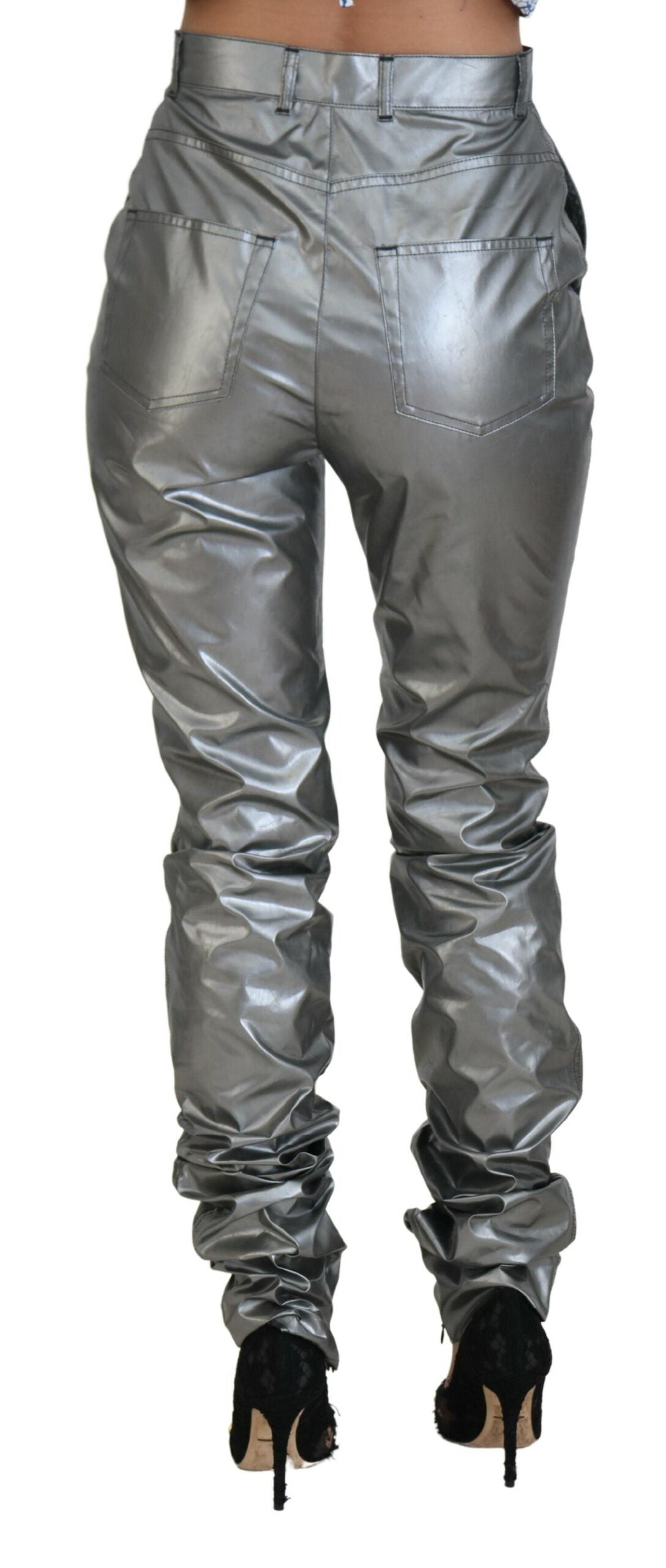 Metallic-Silberne Skinny-Hose mit hoher Taille