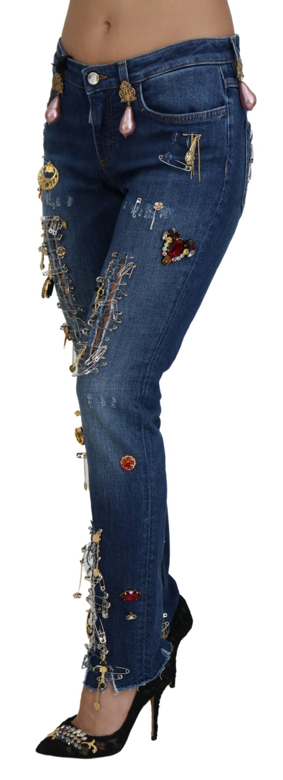 Blaue Kristallnadeln Slim Fit Denim Baumwolljeans