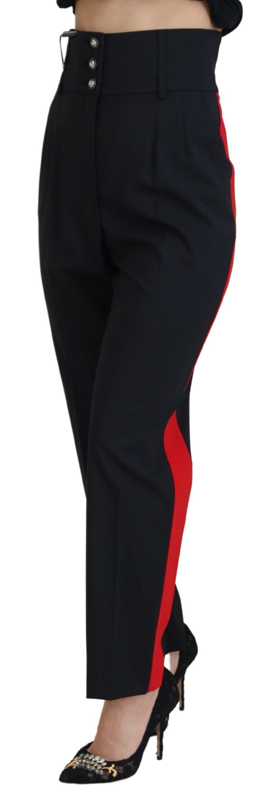 Schwarze konisch zulaufende Wollhosen mit hoher Taille