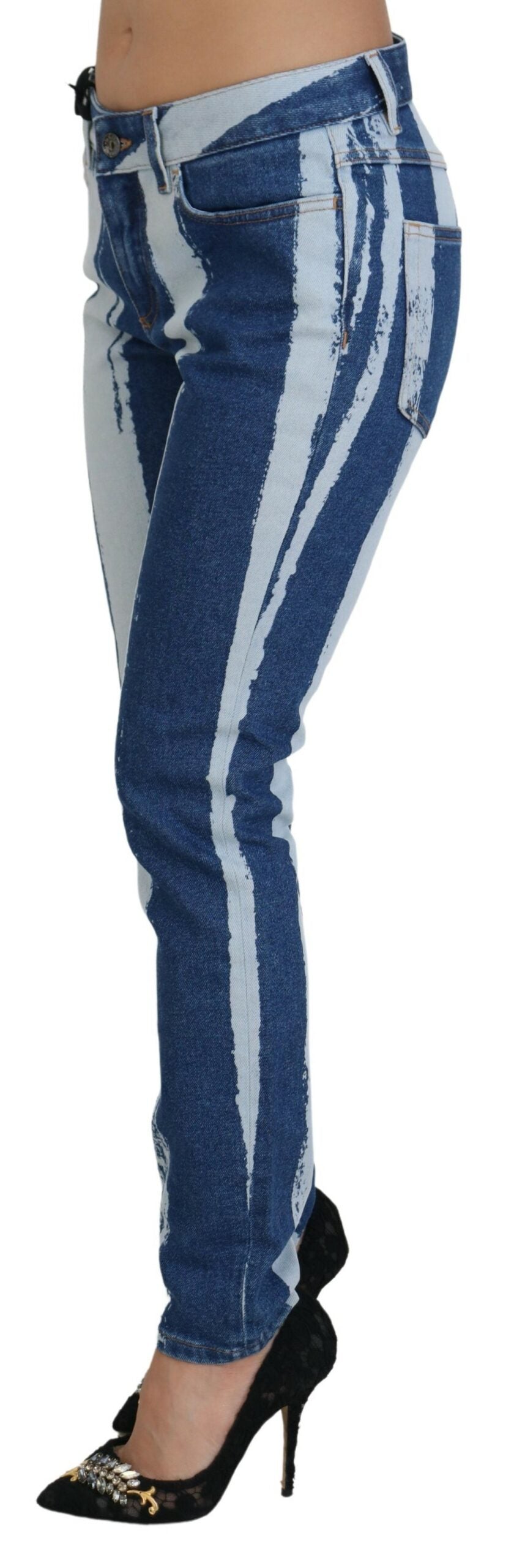 Kobaltblaue gestreifte Skinny Denim-Jeans aus Baumwolle