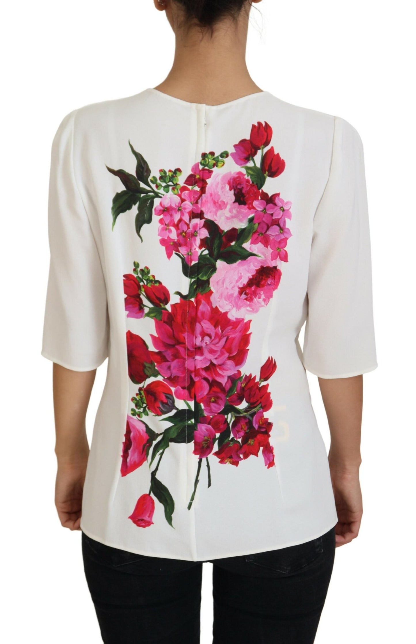 Weißes Blusentop mit Blumenmuster und Rundhalsausschnitt