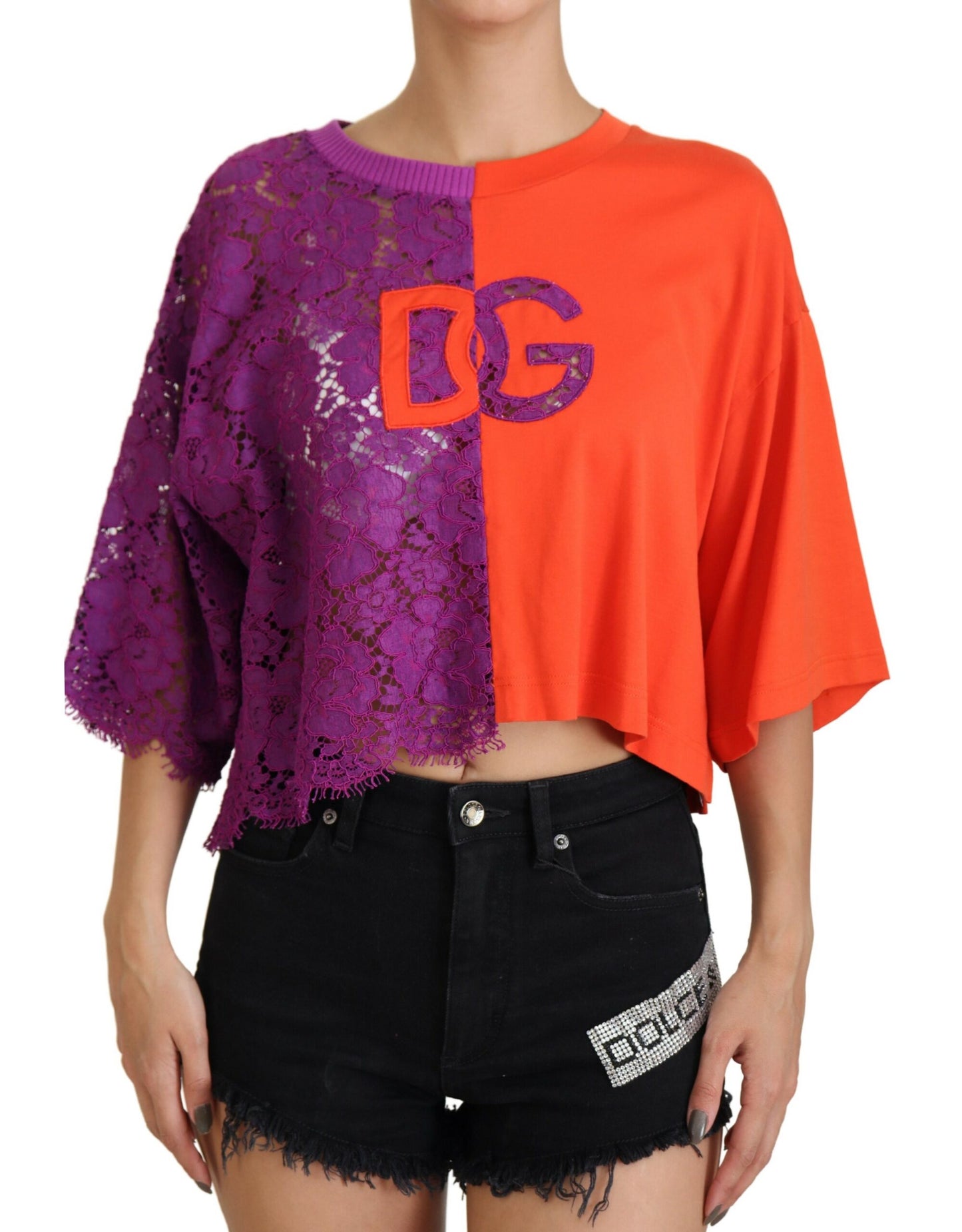 Lila Florale Spitze Orange Baumwolle Cropped Top